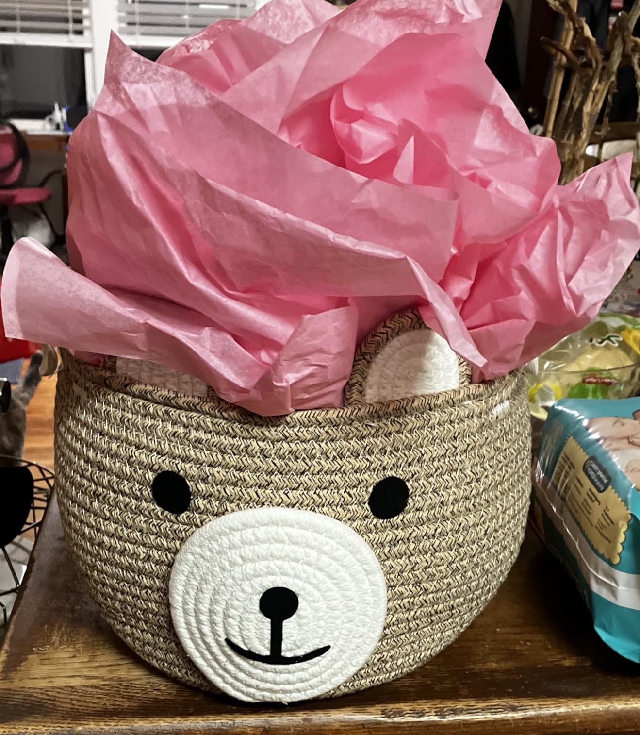 CherryNow Cotton Rope Baby Basket for Nursery, Bear Gift Baskets for Kids, Empty Baby Shower Basket with Handles, Small Cute Animal Baskets, Brown, 10.5