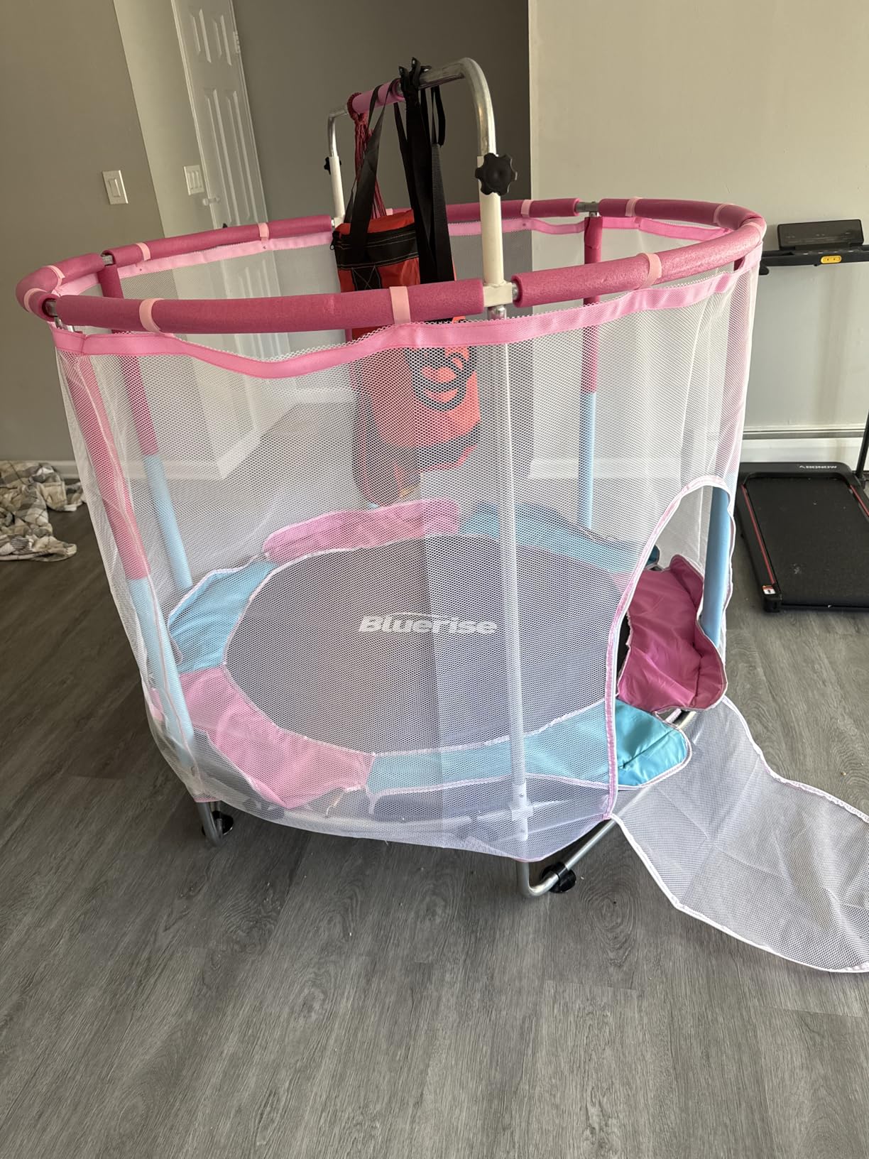 BLUERISE 55IN 6FT Toddler Trampoline for Kids Indoor Outdoor Play with Enclosure Net and Basketball Hoop customer photo 2