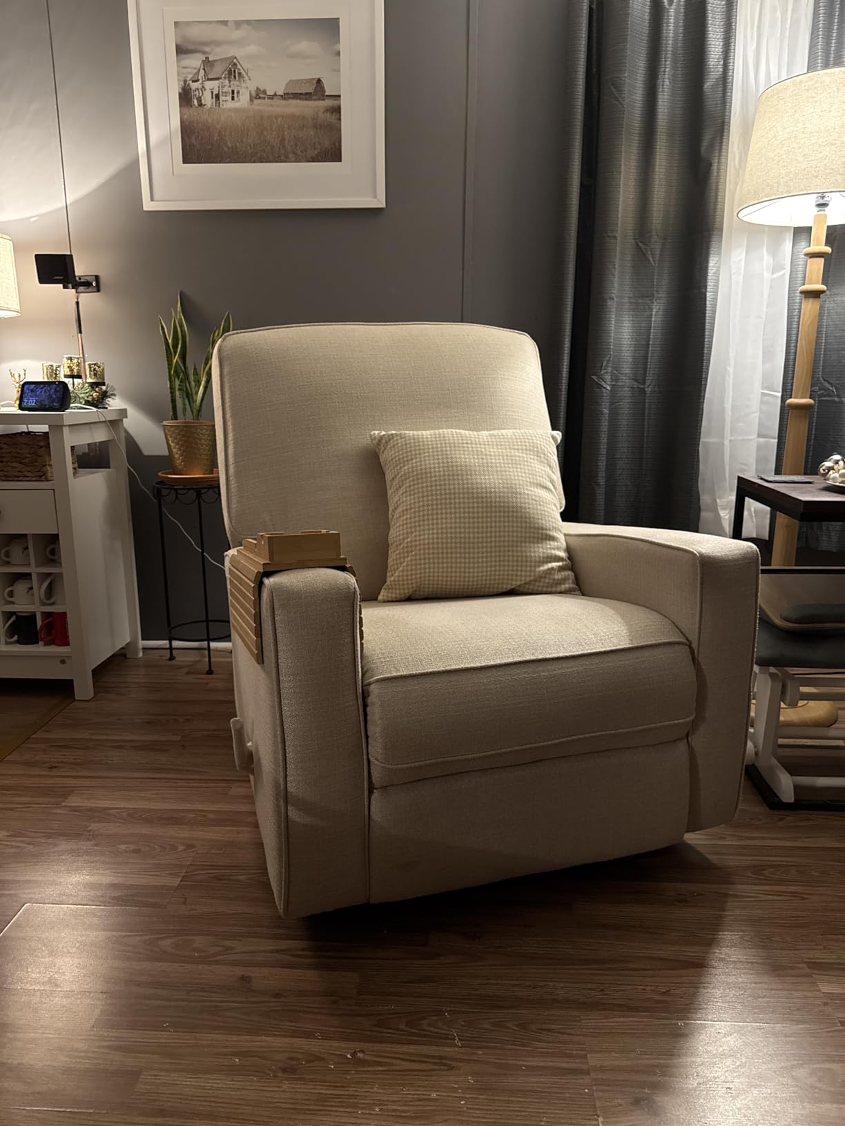 Storkcraft Serenity Upholstered Swivel Glider with USB Charging Port (Steel) - Fully Upholstered Wingback Nursery Glider Recliner with Manual Recline Function, Rocking Chair, 360 Swivel Base customer photo 1