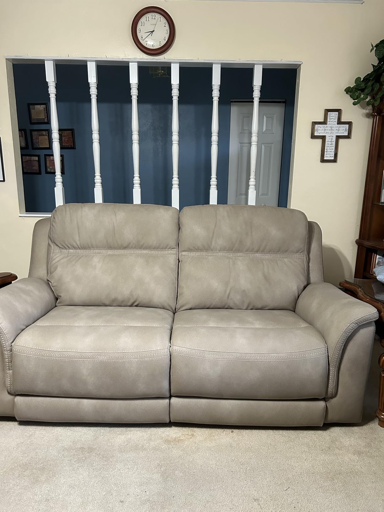 Signature Design by Ashley Next-Gen DuraPella Power Reclining Sofa - Wireless & USB Charging, Zero-Gravity, Adjustable Headrest, Water-Repellent Faux Leather, Drop-Down Table, Beige/Brown, 86