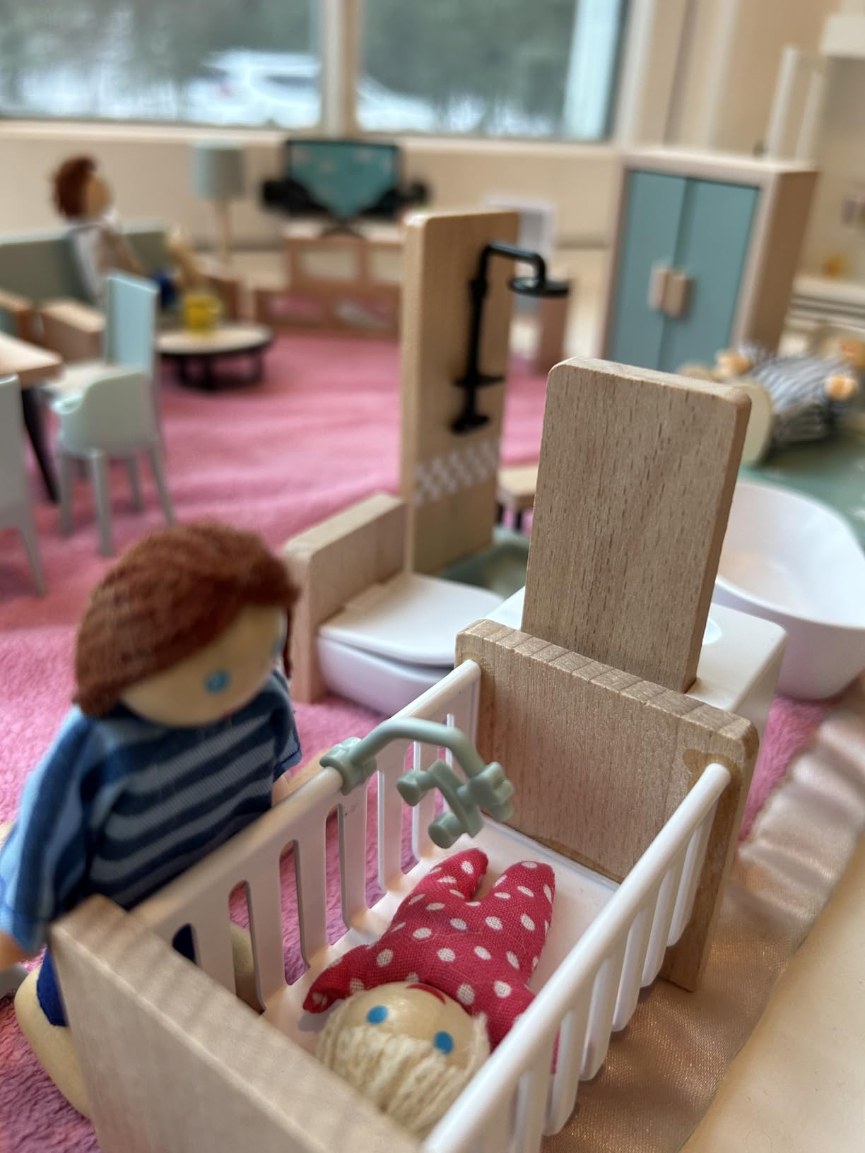 Giant bean 36pcs Wooden Dollhouse Furniture Set 5 Rooms 4 Family Dolls, Wood and Plastic Blue Dollhouse Accessories, Pretend Play Furniture Toys Christmas Birthday Gift for Boys Girls Kids Toddlers 3+ customer photo 2
