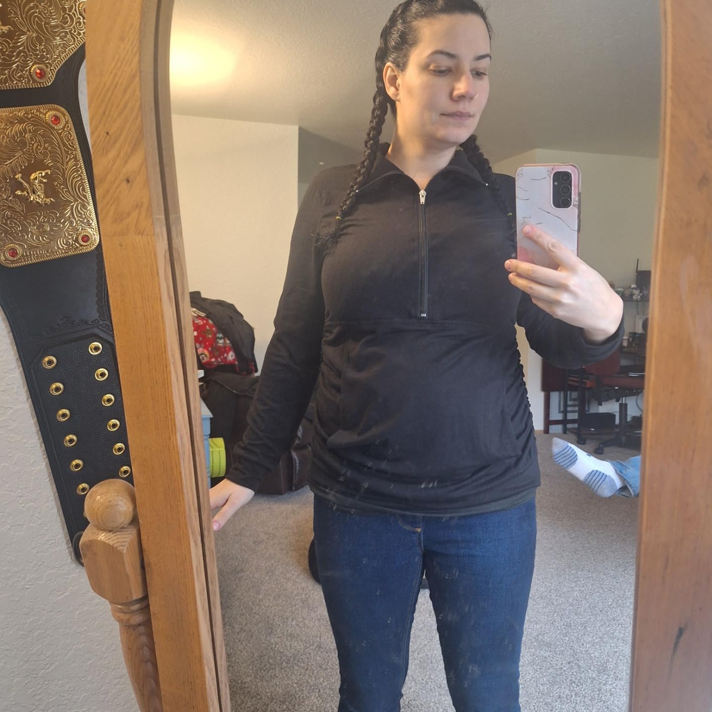 GINKANA Maternity Women's Long Sleeve Shirt Half Zipper Lapel Lightweight Casual Maternity Pullover with Pockets customer photo 2