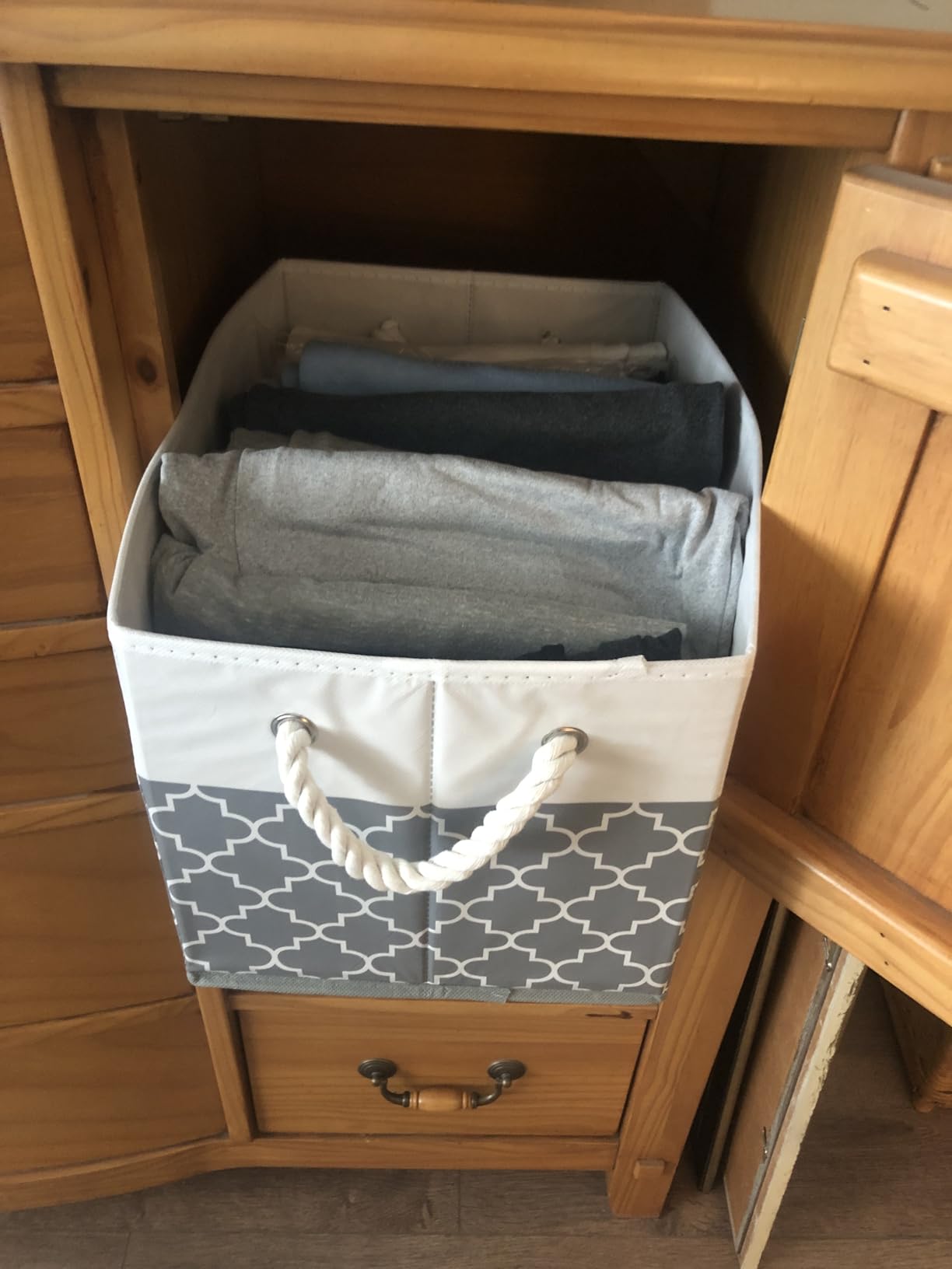 Fab totes Storage Bins 3-Pack, Foldable Storage Baskets for Organizing Toys, Books, Shelves, Closet, Large Storage Box with Rope Handles, Sturdy Organizer Bins, White & Grey customer photo 2