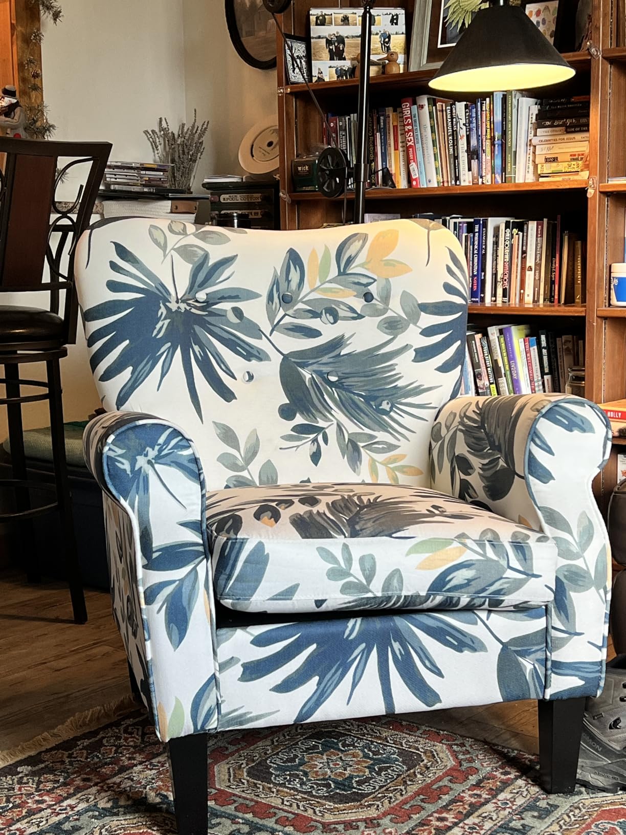 YOLENY Modern Accent Chair, High Back Armchair, Upholstered Fabric Button Single Sofa with Wooden Legs for Living Room, Bedroom, Blue Leaves customer photo 1