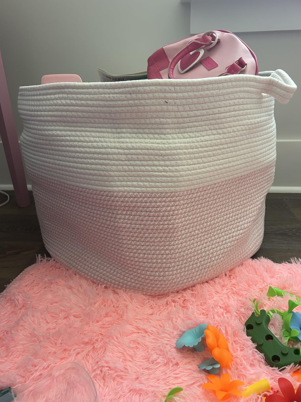 INDRESSME XXXLarge Storage Basket with Handle, Pink Laundry Basket for Nursery Stuffed Animal Storage, Baby Baskets Kids Toy Organizer, 21.7