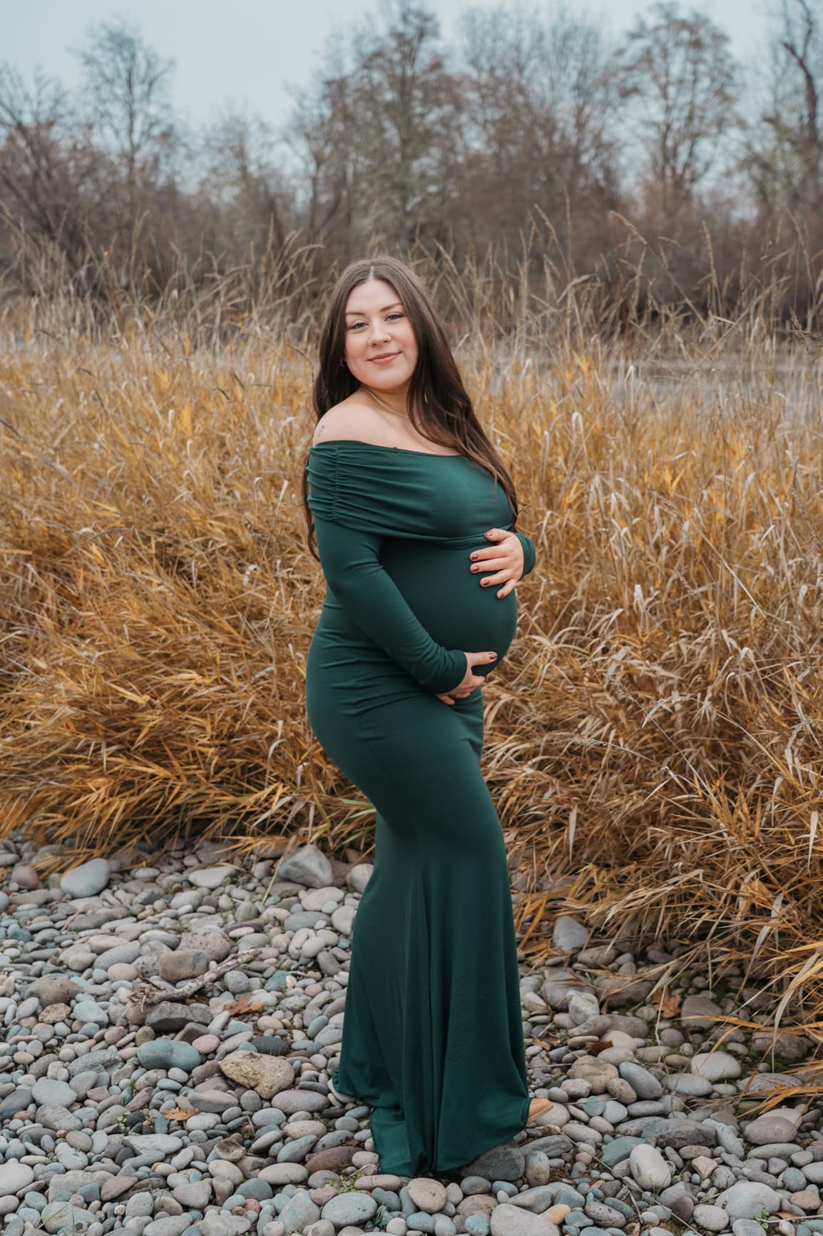Glampunch Off Shoulders Maternity Dress Long Sleeve Ruched Maternity Gown Baby Shower Photography Pregnant Dress customer photo 2