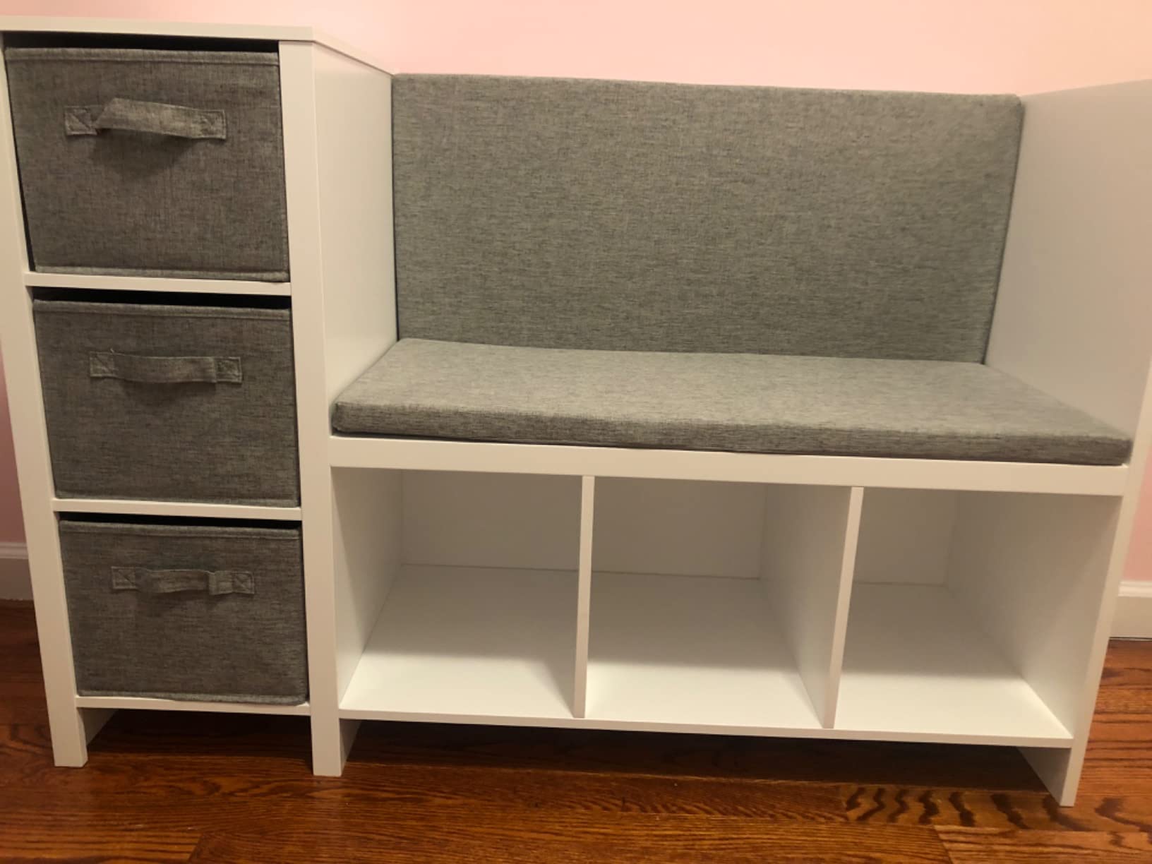 UTEX Kids Reading Nook Bench with Bookshelf, Kids Bookcase and Storage Organizer with Seat Cushion, Reading Bench with Bins for Bedroom & Entryway, White customer photo 1
