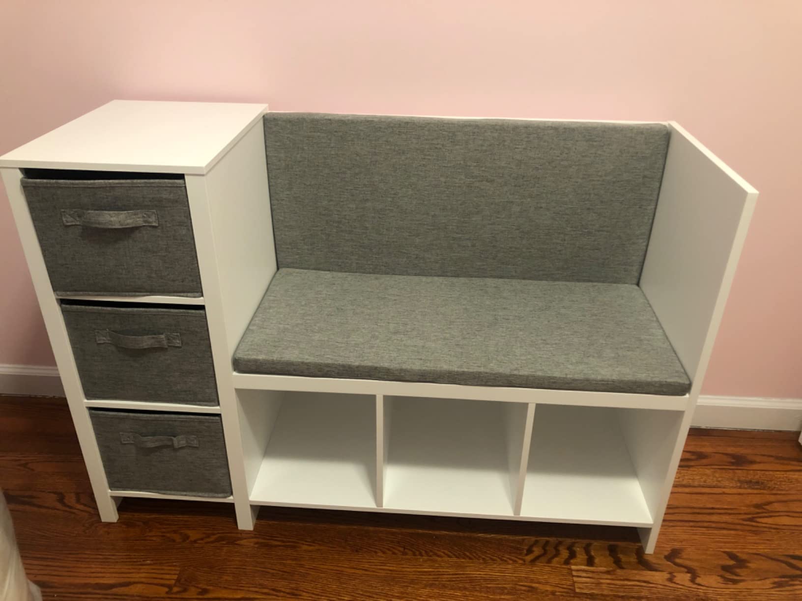 UTEX Kids Reading Nook Bench with Bookshelf, Kids Bookcase and Storage Organizer with Seat Cushion, Reading Bench with Bins for Bedroom & Entryway, White customer photo 2