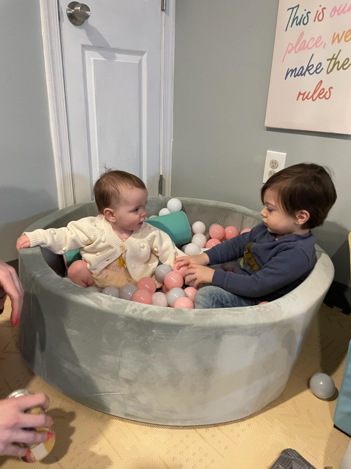 Nuby Velvet Ball Pit - 200 Colored Balls Included - Soft Foam Play Pit for Baby and Toddlers, Indoor/Outdoor Playpen, Play Gym - Aqua & Gray customer photo 1