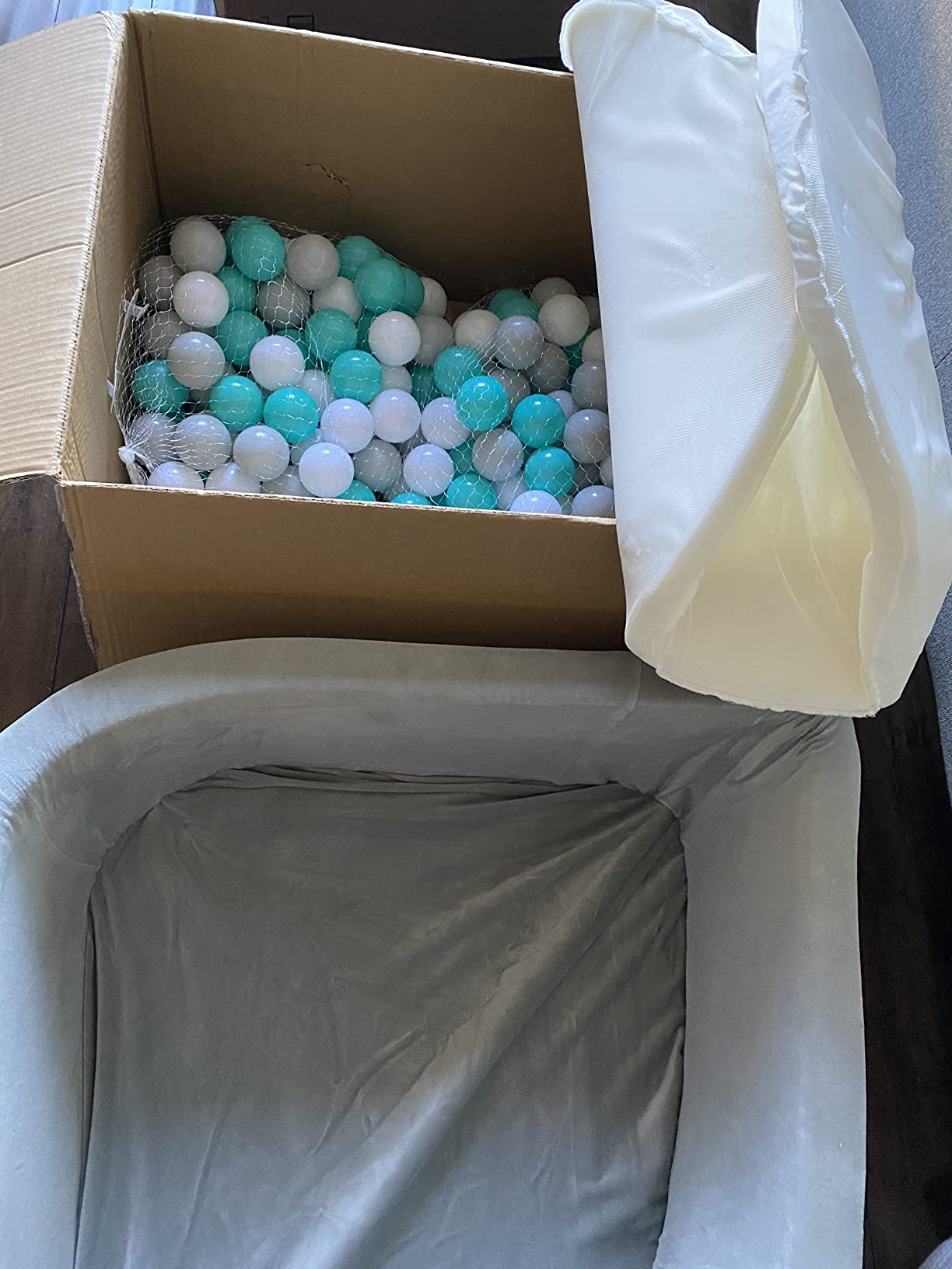 Nuby Velvet Ball Pit - 200 Colored Balls Included - Soft Foam Play Pit for Baby and Toddlers, Indoor/Outdoor Playpen, Play Gym - Aqua & Gray customer photo 2