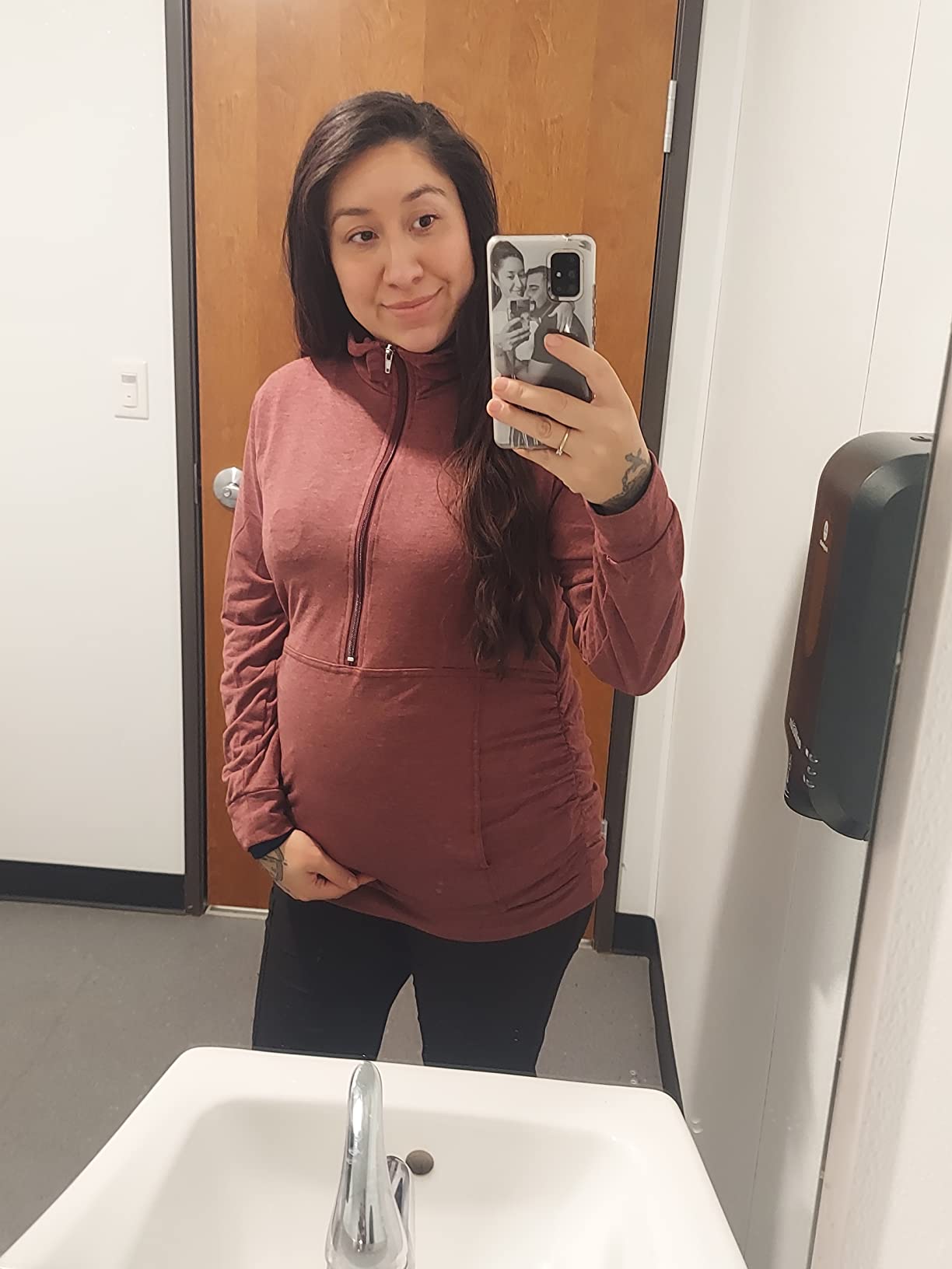 DEBELLY Maternity Shirt with Pocket Women's Lapel Top Casual Pregnancy Long Sleeve Zipper Hoodie customer photo 2