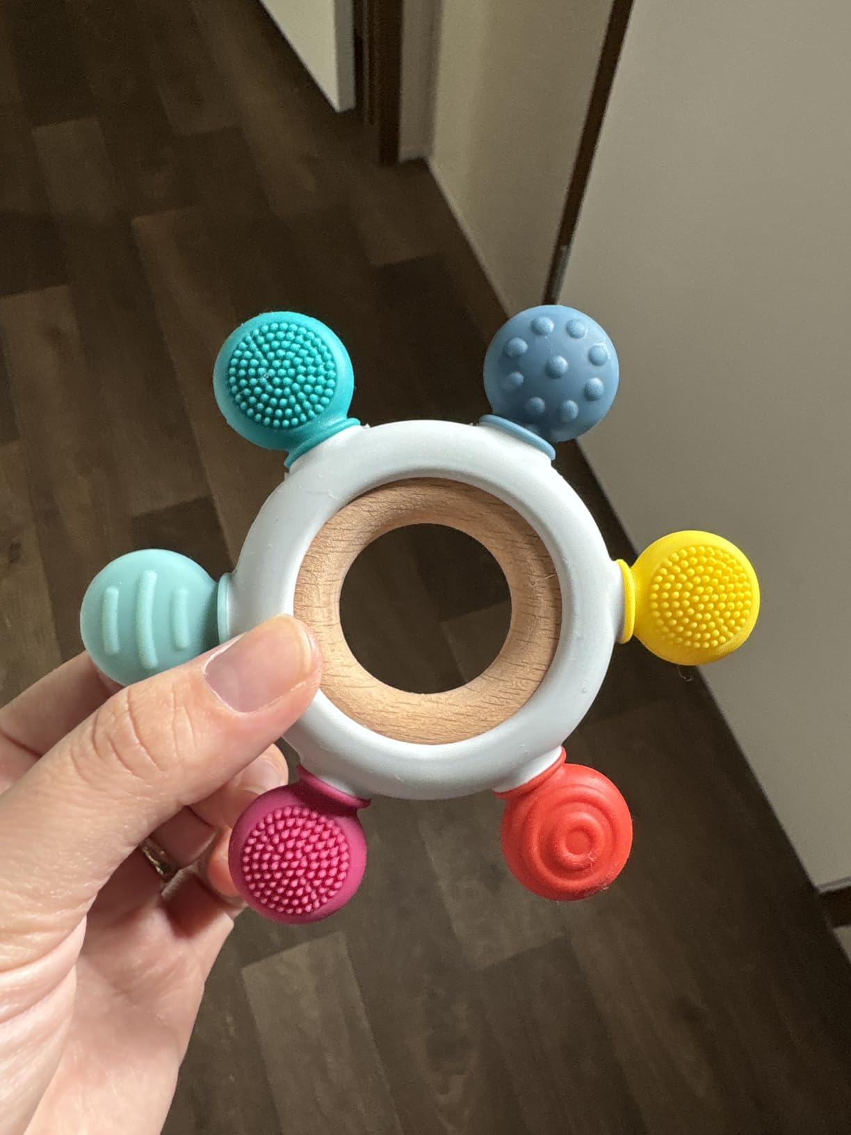Baby Teething Toys, Silicone Chewable Toys with Organic Wooden Ring for Infants 3+ Months, Silicone Teething Toys for Soothing Sore Gums, Sucking Needs (6 Directions, Khaki) customer photo 1