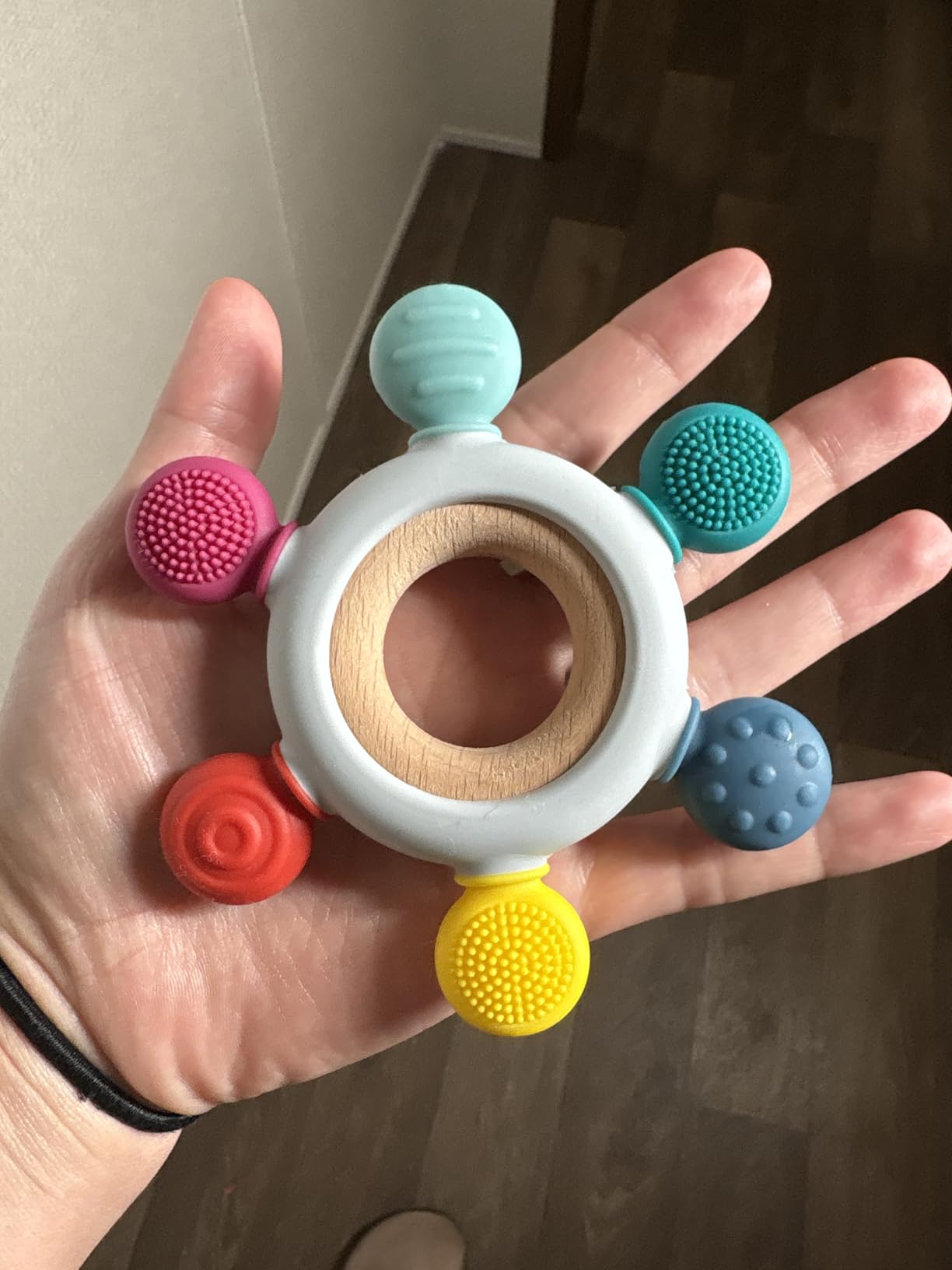 Baby Teething Toys, Silicone Chewable Toys with Organic Wooden Ring for Infants 3+ Months, Silicone Teething Toys for Soothing Sore Gums, Sucking Needs (6 Directions, Khaki) customer photo 2