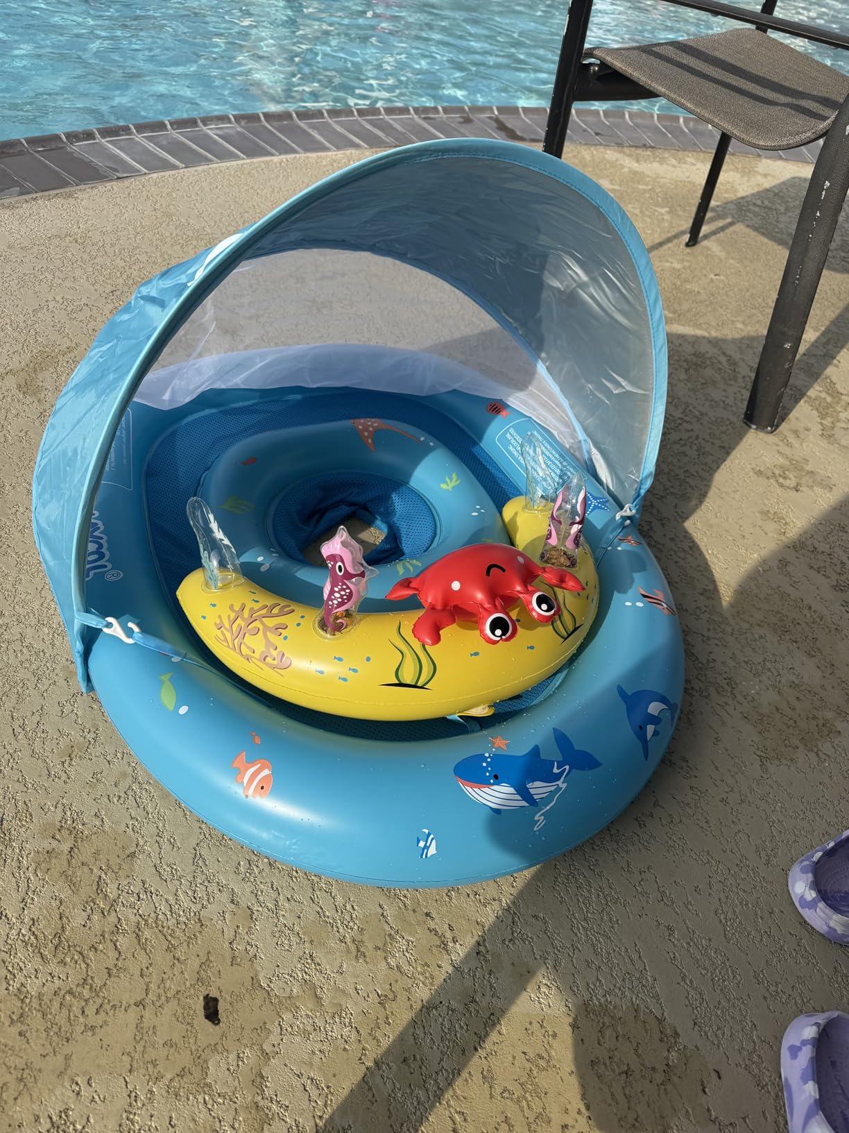 LAYCOL Baby Pool Float with Canopy UPF50+, 120°Adjustable Sun Protection and Anti-Tip Safety Seat, Inflatable Toddler Floaties Infant Pool Float with Animal Pool Toys, Baby Beach Essentials for 6-36M customer photo 1