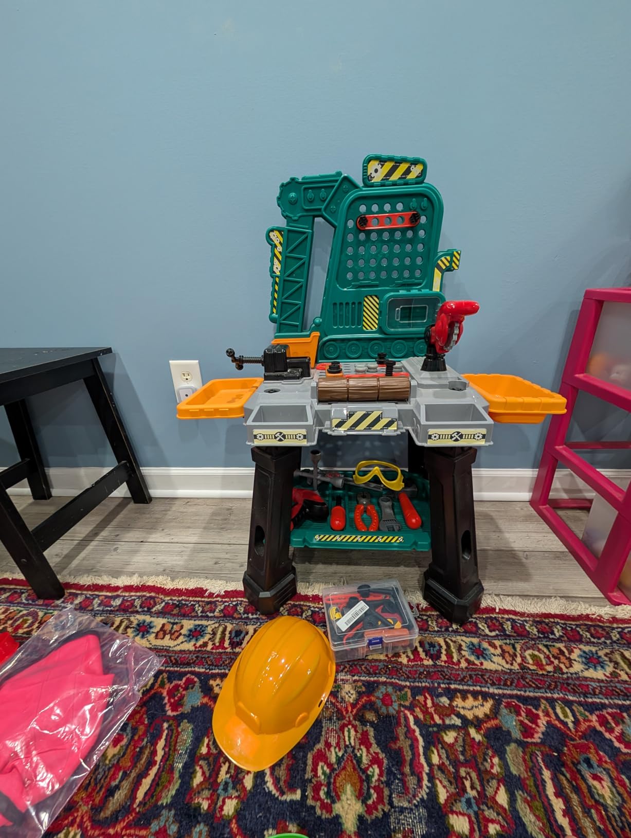 Amazon Basics Kids Workbench Construction Toy, Pretend Play Tool Set with 80 Pieces, Educational Interactive Playset, Play Helmet & Safety Goggles, for Ages 3 and Up, Multicolor, Medium customer photo 1