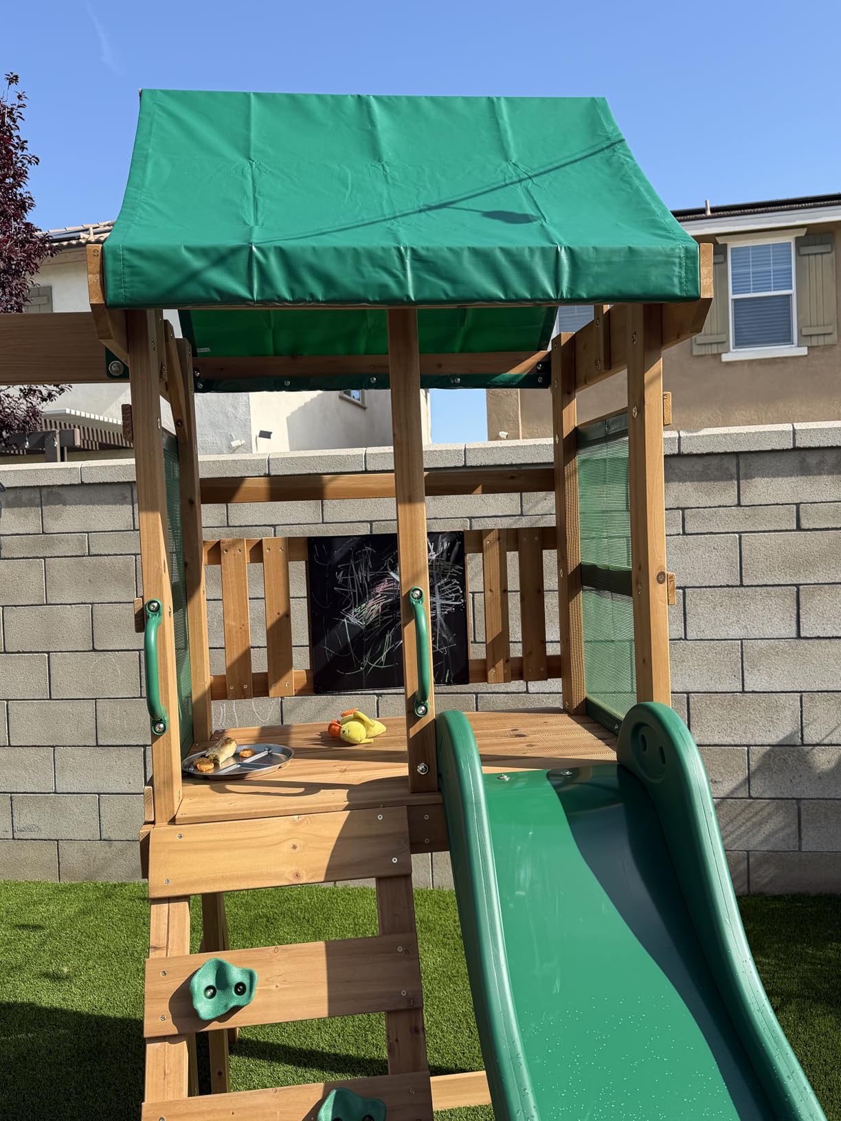 Backyard Discovery Bay Pointe Cedar Wood Swing Set with Wave Slide, Play Deck, Rock Wall Ladder, Belt Swings, Chalkboard, Canopy Roof, Outdoor Playset customer photo 1