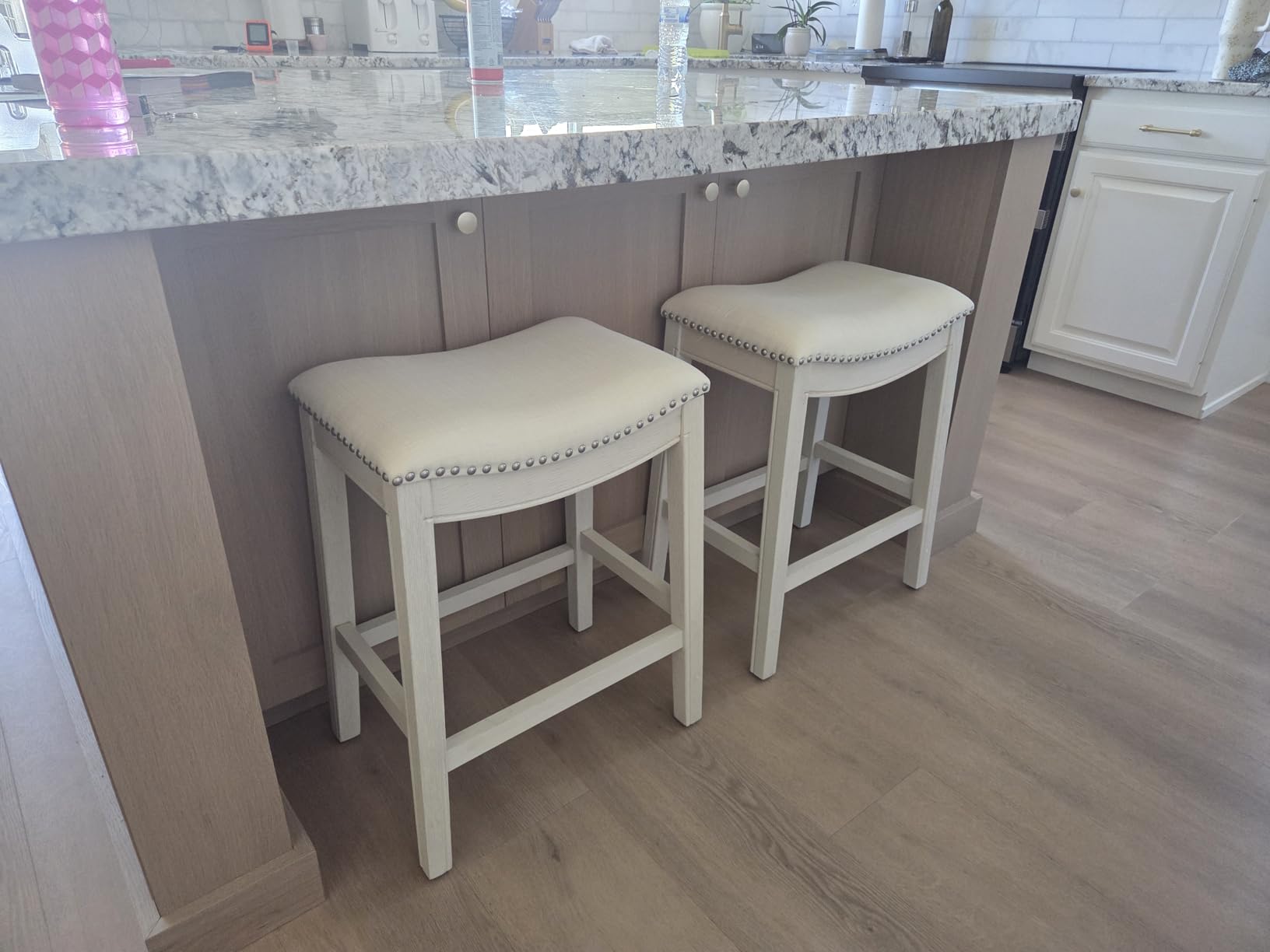 Maven Lane Adrien Backless Counter Stool - 26 Inches - Saddle Stool with Footrest - Natural Solid Wood Frame & Natural Fabric Upholstery - Perfect for Kitchen Islands & Counters customer photo 1