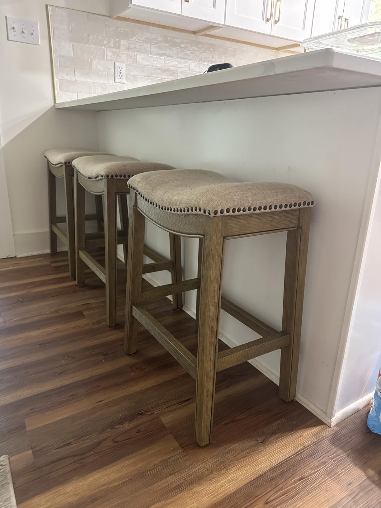 Maven Lane Adrien Backless Counter Stool - 26 Inches - Saddle Stool with Footrest - Natural Solid Wood Frame & Natural Fabric Upholstery - Perfect for Kitchen Islands & Counters customer photo 2