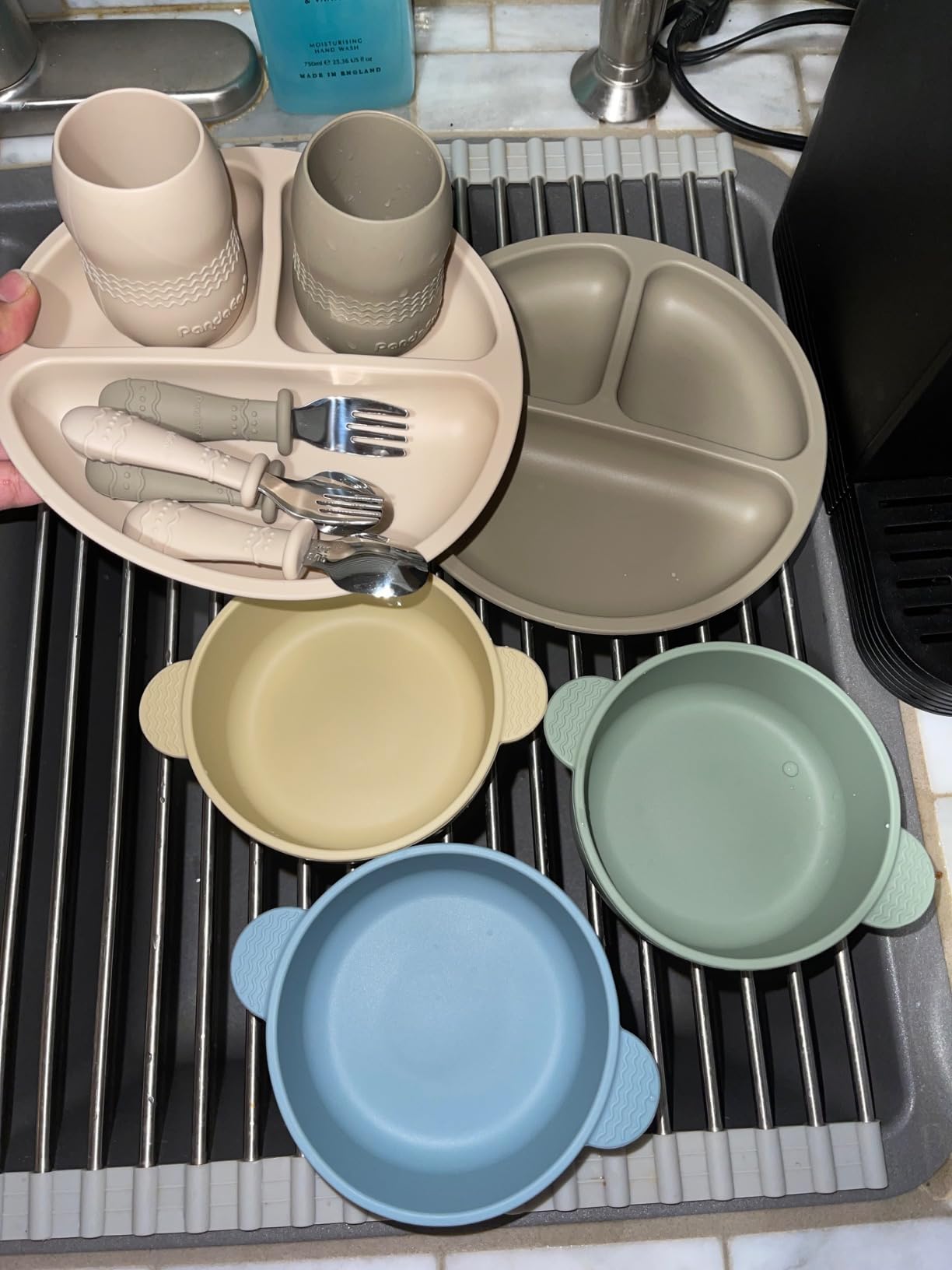 PandaEar Silicone Baby Feeding Set | 2 Pack Silicone Divided Suction Plate and 2 Pack Tiny Cup with 2 Spoons 2 Forks | Baby Led Weaning Supplies Self Feeding Eating Utensils (Light Tan/Walnut) customer photo 2