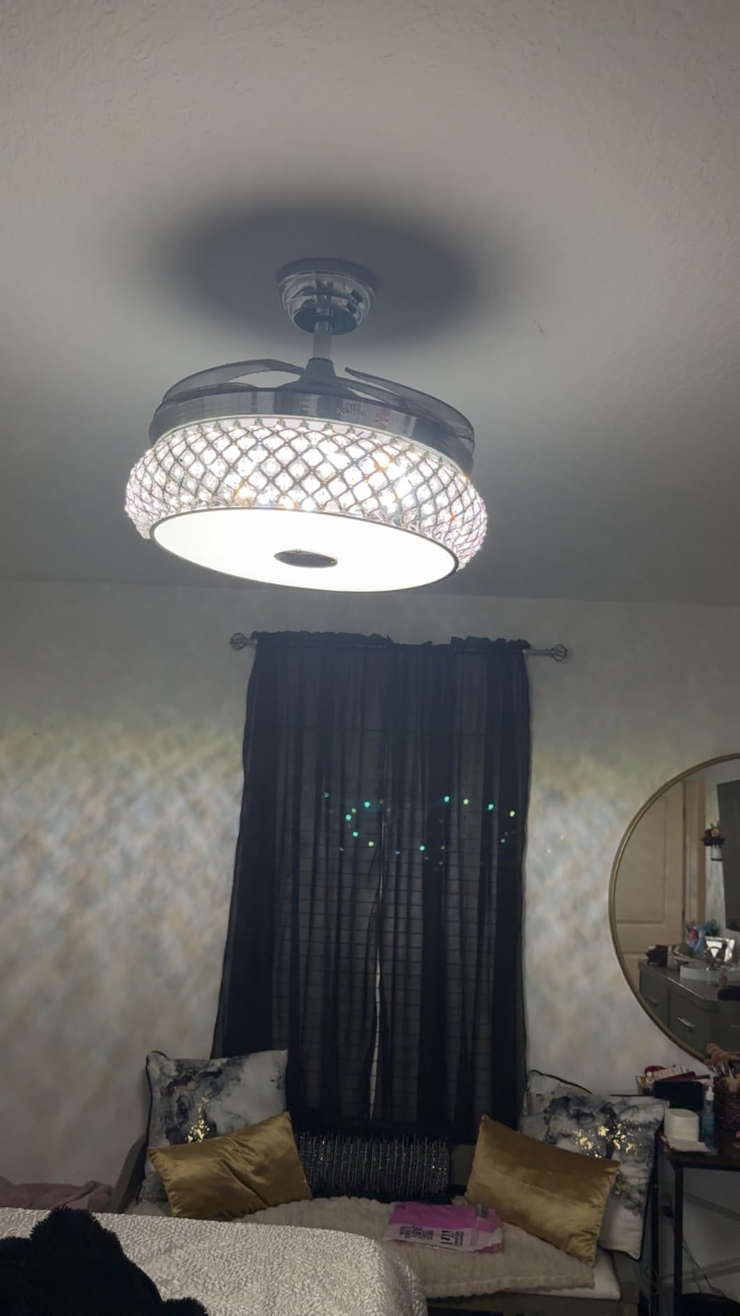 BAYSQUIRREL Retractable Ceiling Fan with Light and Remote/APP Control, Bluetooth Ceiling Fans with Speaker, RGB-LED Light 6 Speeds Reversible Blades, Chandelier Crystal Ceiling Fan with Lights customer photo 1