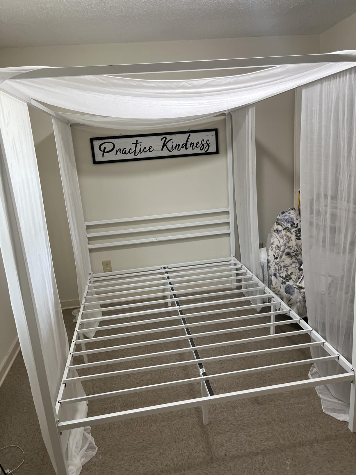 ikalido Full Size Metal Canopy Bed Frame, Modern Four-Poster Platform Bed Frame, Mattress Foundation with Metal Slats Support, Under-Bed Storage Space, No Box Spring Needed, White customer photo 2