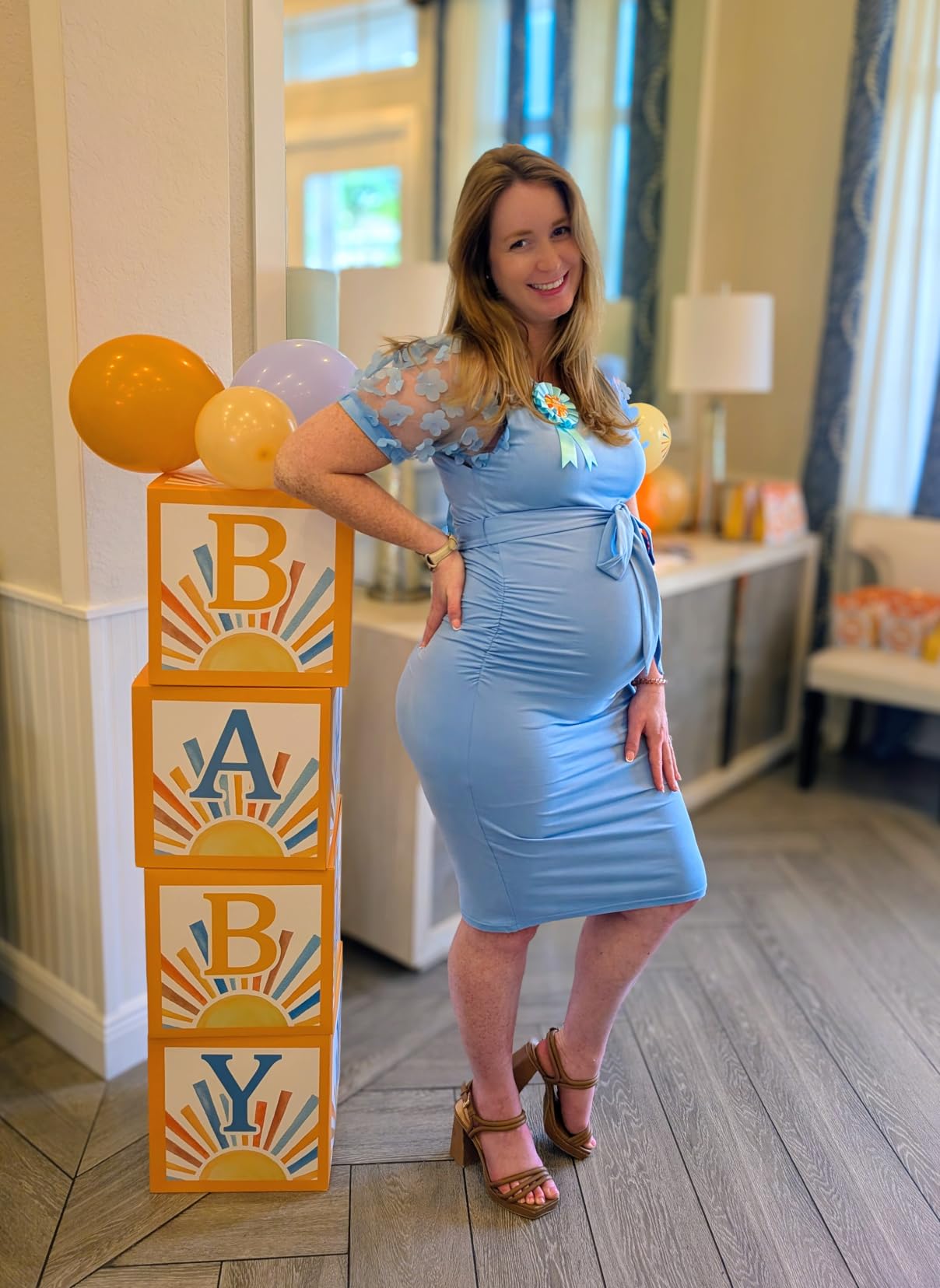 Floral Mesh Bishop Long Sleeve Maternity Midi Dress, Fall Maternity Bodycon Dress for Baby Shower customer photo 1