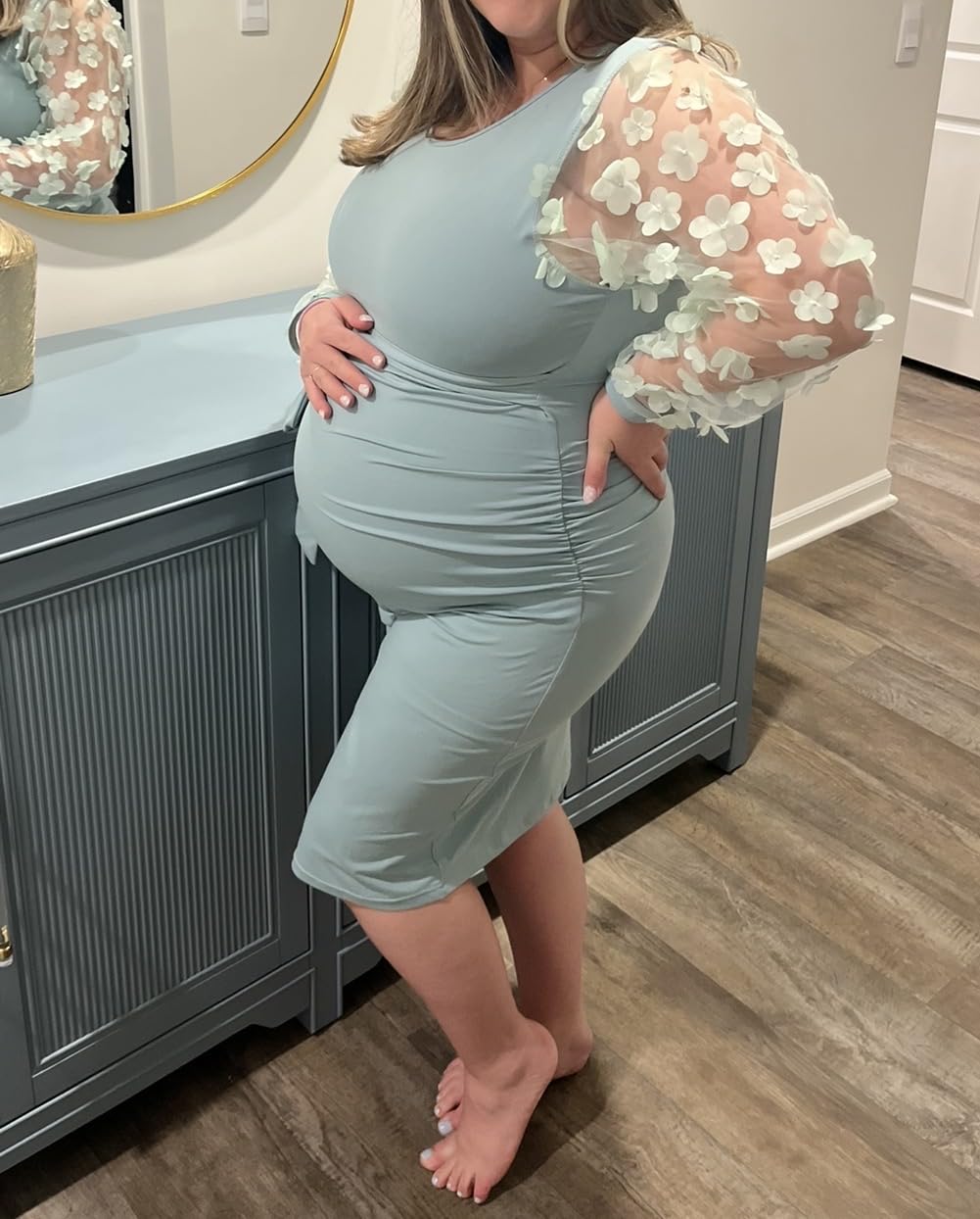Floral Mesh Bishop Long Sleeve Maternity Midi Dress, Fall Maternity Bodycon Dress for Baby Shower customer photo 2