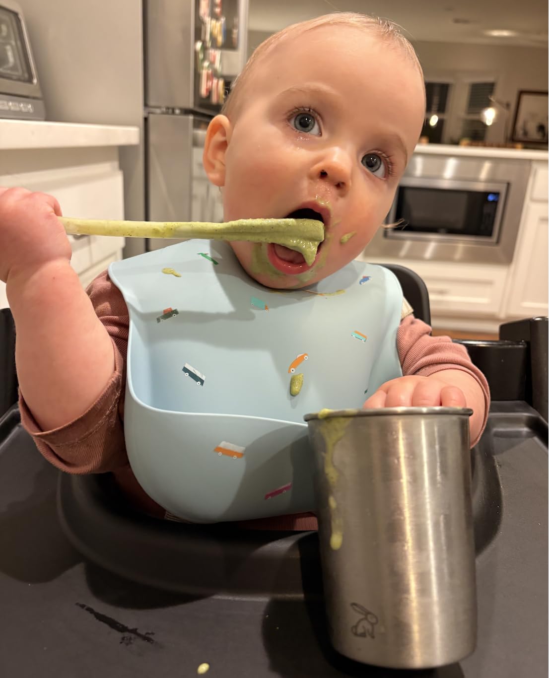 mushie Silicone Baby Bib | Adjustable Fit Waterproof Bibs (Whales) customer photo 1