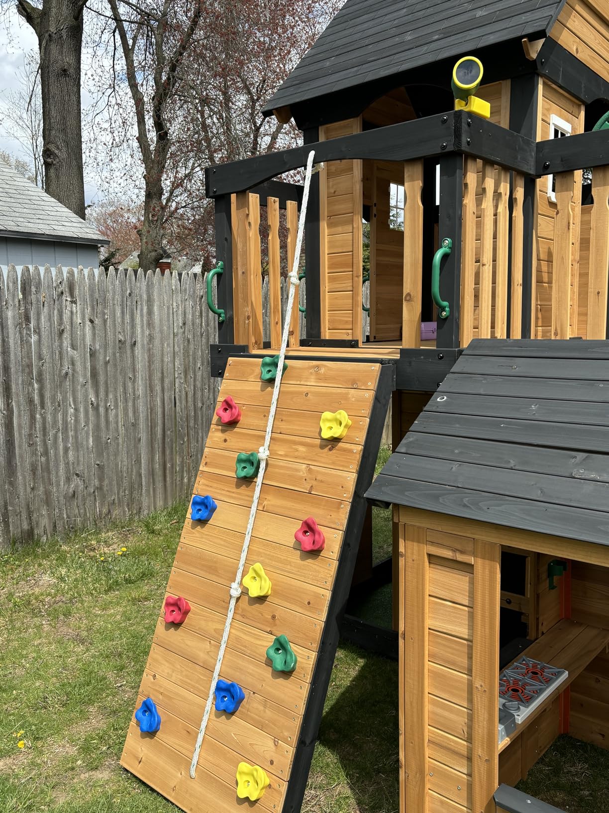 Backyard Discovery Canyon Creek Cedar Wood Swing Set with Wave Slide, Clubhouse, Play Kitchen, Picnic Area, Belt Swings, Web Swing, Rock Wall, Balconies, Playhouse, Step Ladder, Outdoor Playset customer photo 2