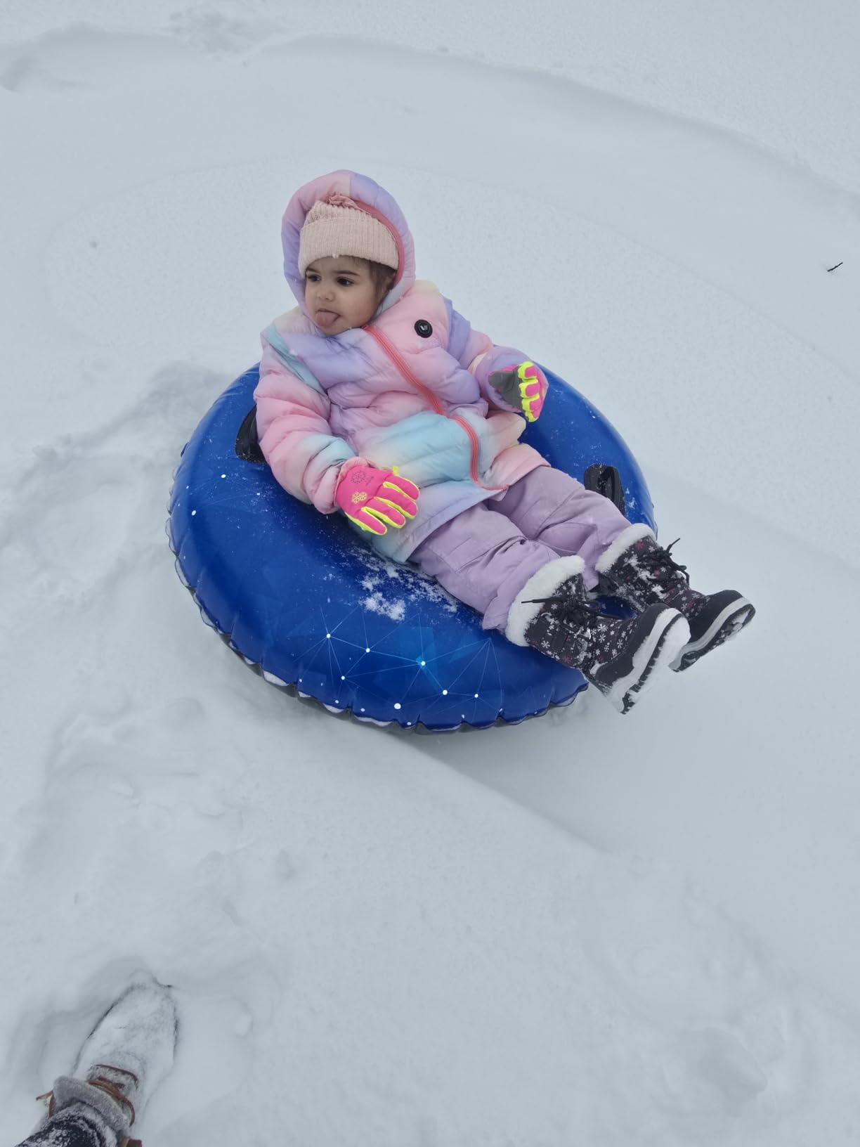 Snow Tube, WOLKEK 40 Inch 2Pack / 47 Inch 1Pack Snow Sled for Kids and Adult, Thickened Heavy Duty Hard Bottom Sleds for Snow with Handles, Winter Toys for Outdoor Sledding Snow Tube Sports customer photo 1
