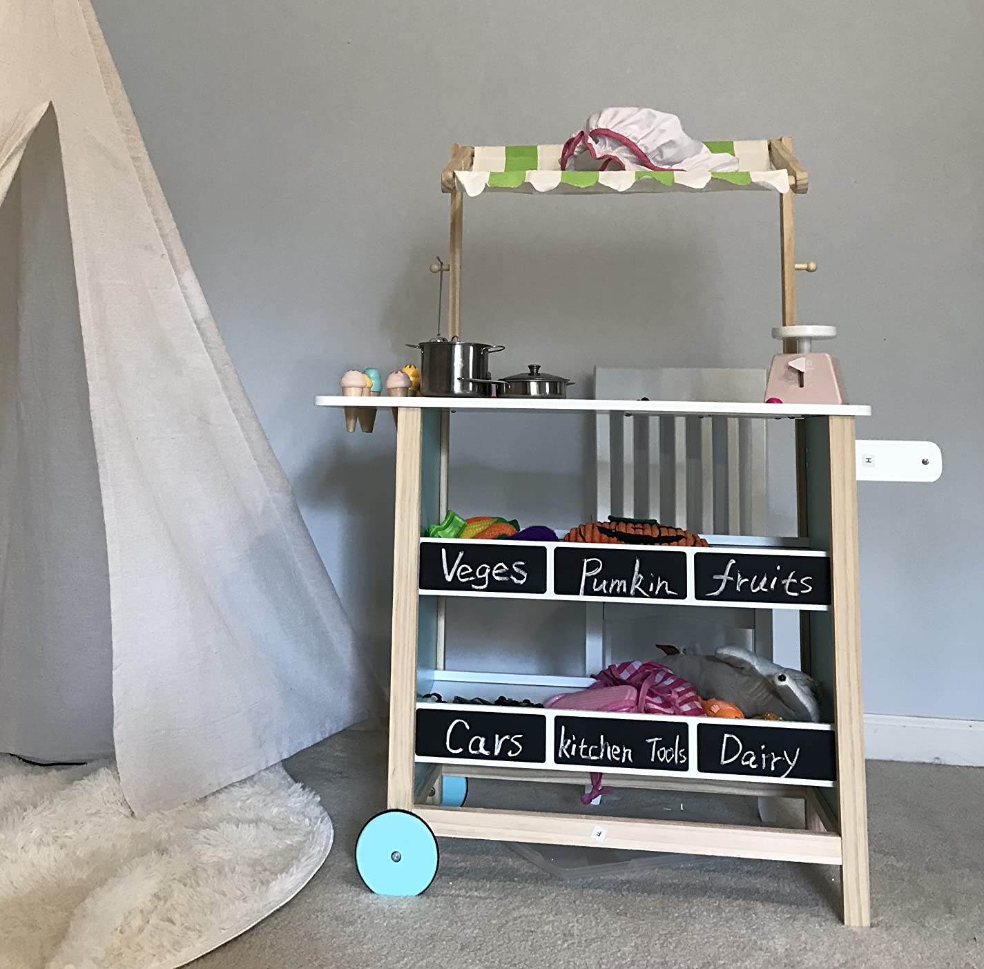 INFANS Wooden Grocery Store Marketplace Toy, Supermarket Pretend Play, Extra Storage 6 Ice Creams Scales Bells Chalkboards, Fun Indoor Farmer's Market Stand Set Gift for Ages 3+ customer photo 1