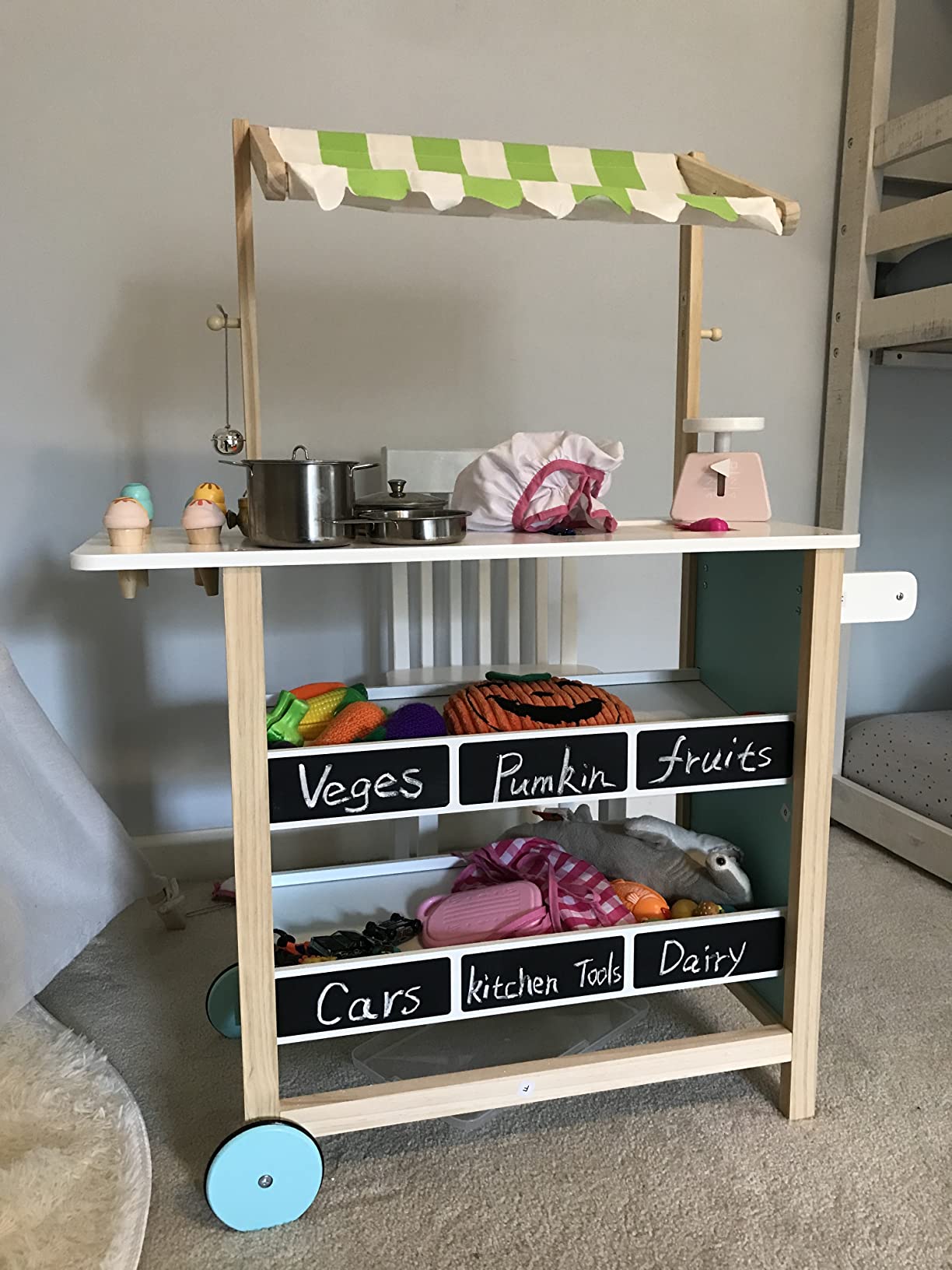 INFANS Wooden Grocery Store Marketplace Toy, Supermarket Pretend Play, Extra Storage 6 Ice Creams Scales Bells Chalkboards, Fun Indoor Farmer's Market Stand Set Gift for Ages 3+ customer photo 2