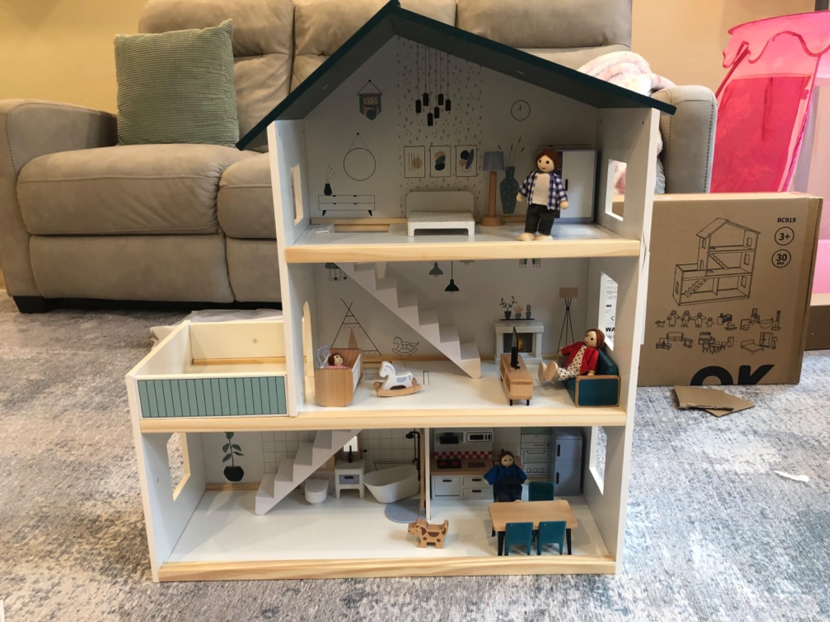 OOOK Wooden Dollhouse Furniture Set for Kids, 26 Pcs Dollhouse Accessories with 4 Family Dolls and Dog, Miniature Doll House Furniture Toys Pretend Play Set for Girls Boys Age 3+ customer photo 1