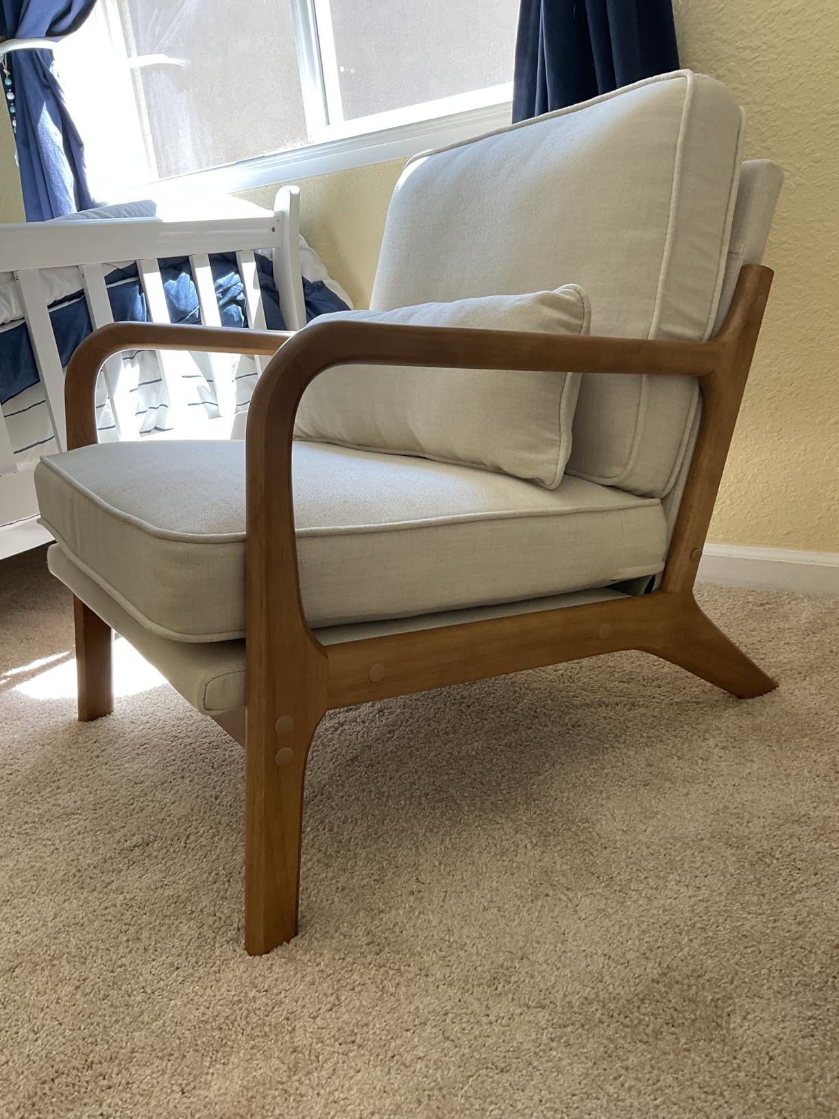 Karl home Accent Chair Mid-Century Modern Chair with Pillow Linen Fabric Upholstered Lounge Arm Chair with Solid Wood Frame & Soft Cushion for Living Room, Bedroom, Balcony, Beige customer photo 1