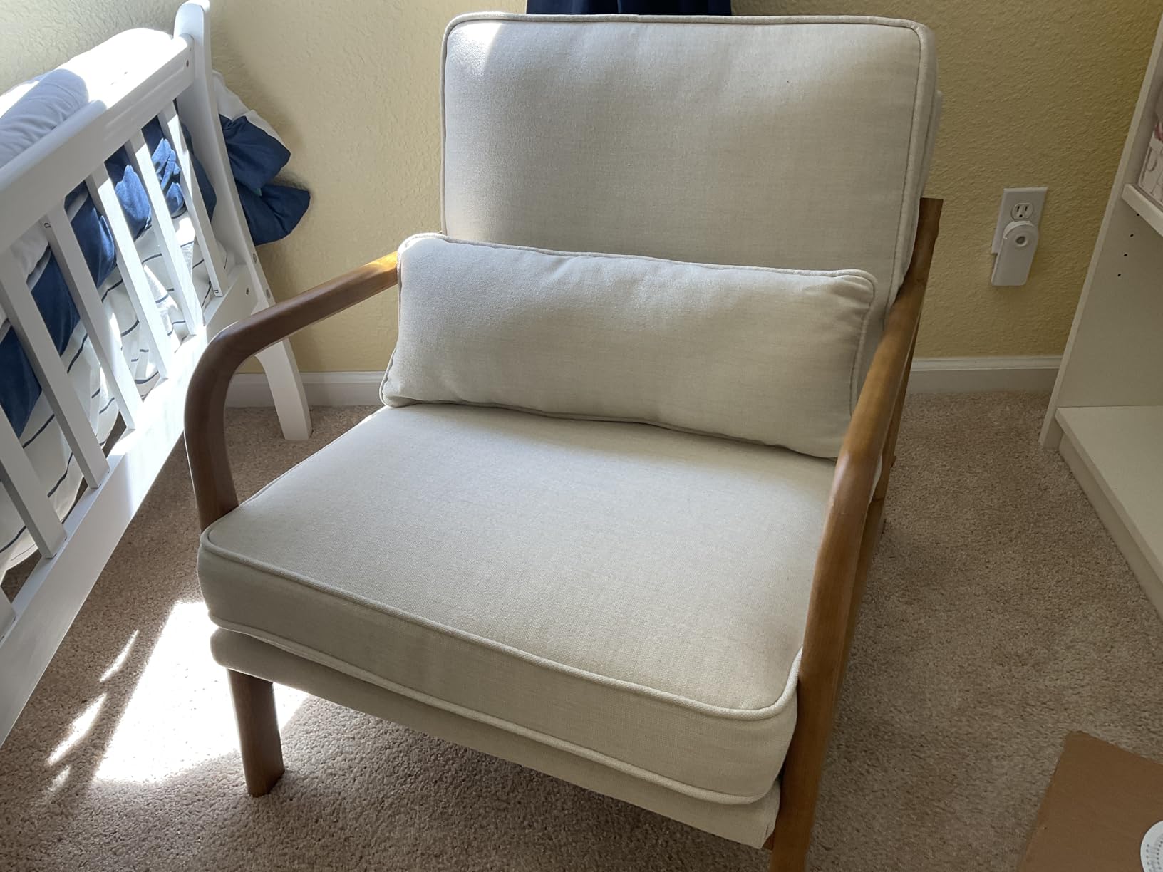 Karl home Accent Chair Mid-Century Modern Chair with Pillow Linen Fabric Upholstered Lounge Arm Chair with Solid Wood Frame & Soft Cushion for Living Room, Bedroom, Balcony, Beige customer photo 2