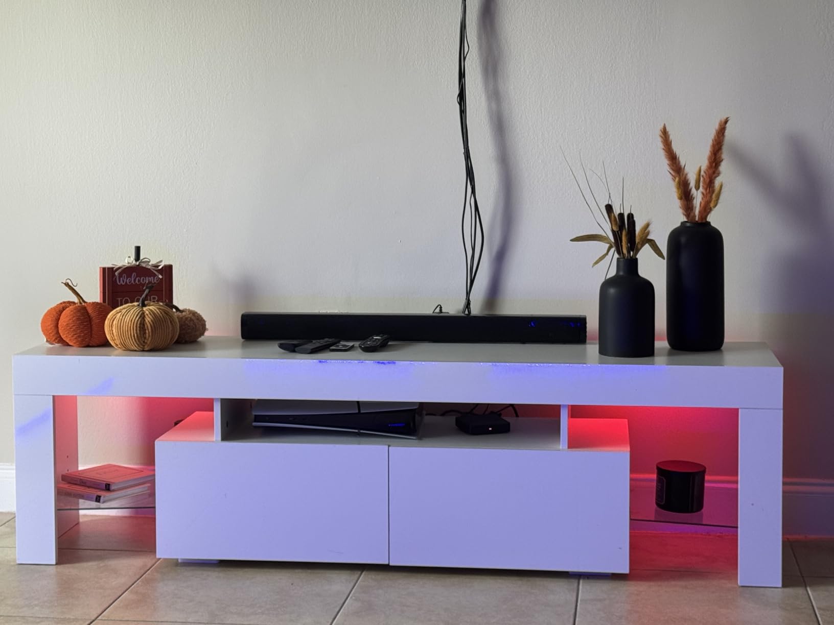 JUMMICO TV Stand with LED Lights, Modern Entertainment Center Media and Open Shelf Console Table Storage Desk with 1 Drawer and Remote Control 20 Color LED Lights up to 70 Inch TV (White) customer photo 1