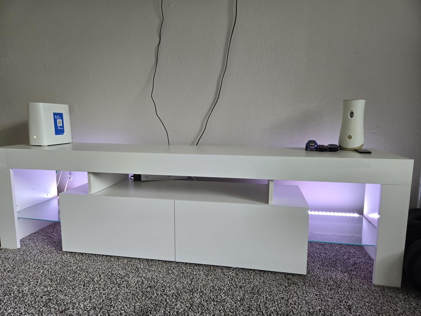 JUMMICO TV Stand with LED Lights, Modern Entertainment Center Media and Open Shelf Console Table Storage Desk with 1 Drawer and Remote Control 20 Color LED Lights up to 70 Inch TV (White) customer photo 2