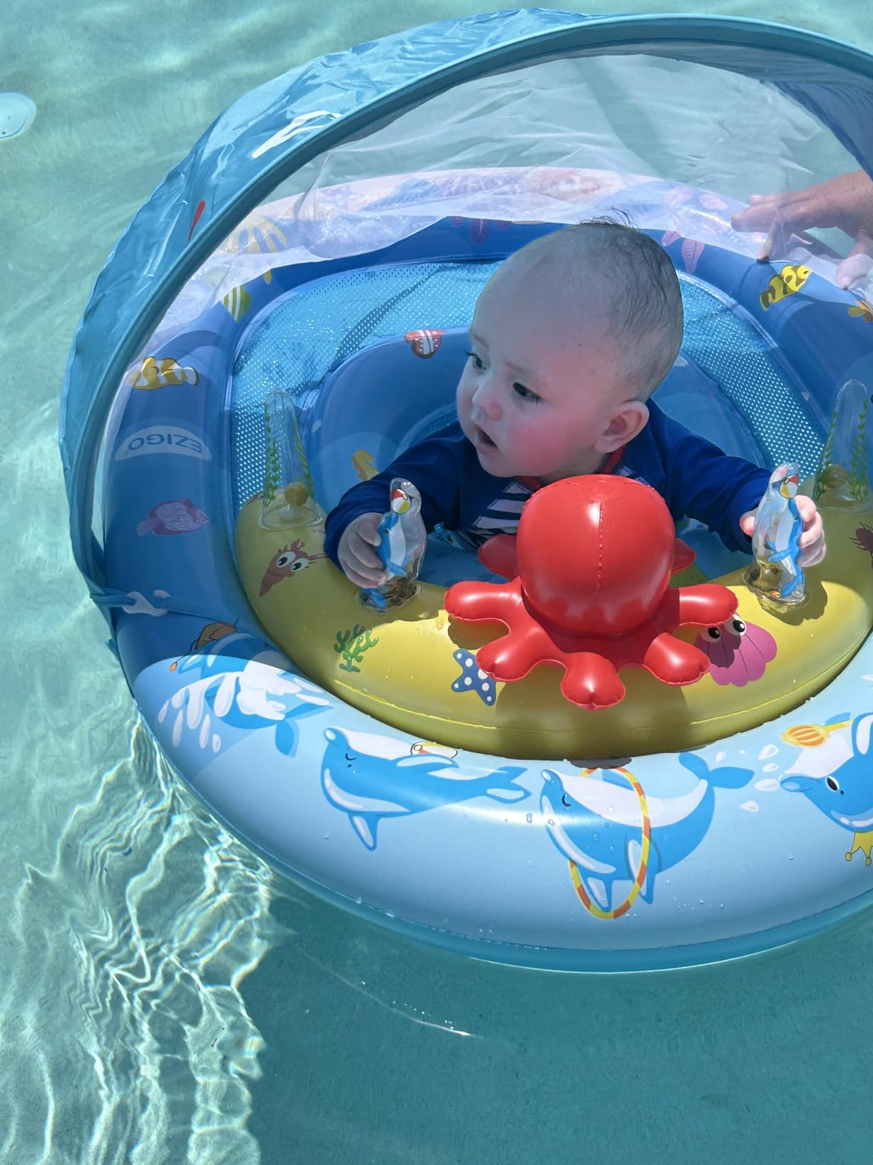 EZIGO Baby Pool Float with Canopy UPF50+ Sun Protection, Inflatable Kids Pool Floats with Ocean Animal Toys for Baby 6-36 Months, Infant Swimming Float with Adjustable Safety Seat for Boys Girls customer photo 1