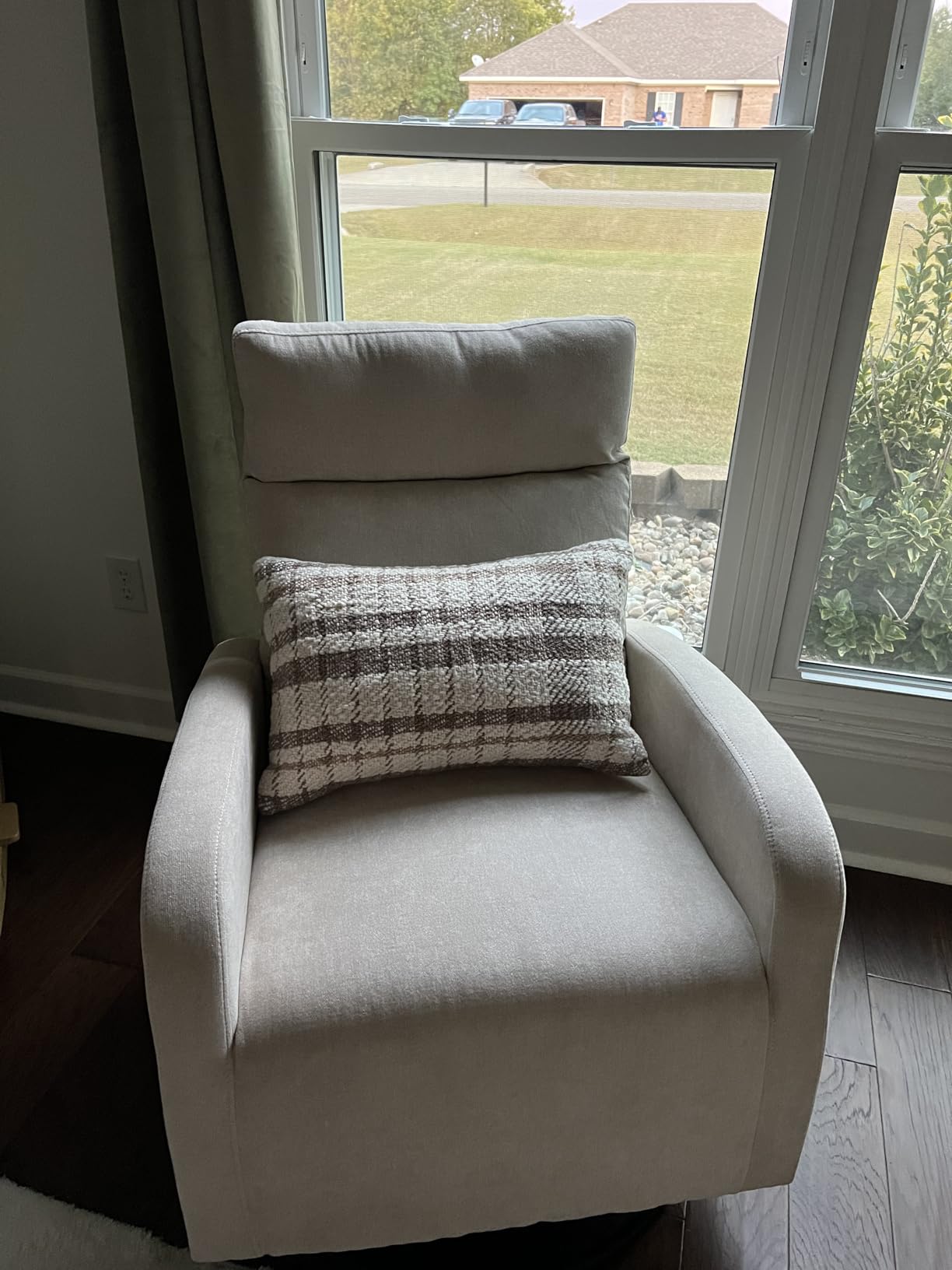 Modern Swivel Glider Chair, Upholstered Accent Glider Rocker for Baby Nursery, Comfy Tall Back Rocking Armchair with Side Pocket and Headrest for Living Room, Bedroom, White Teddy Fabric customer photo 2
