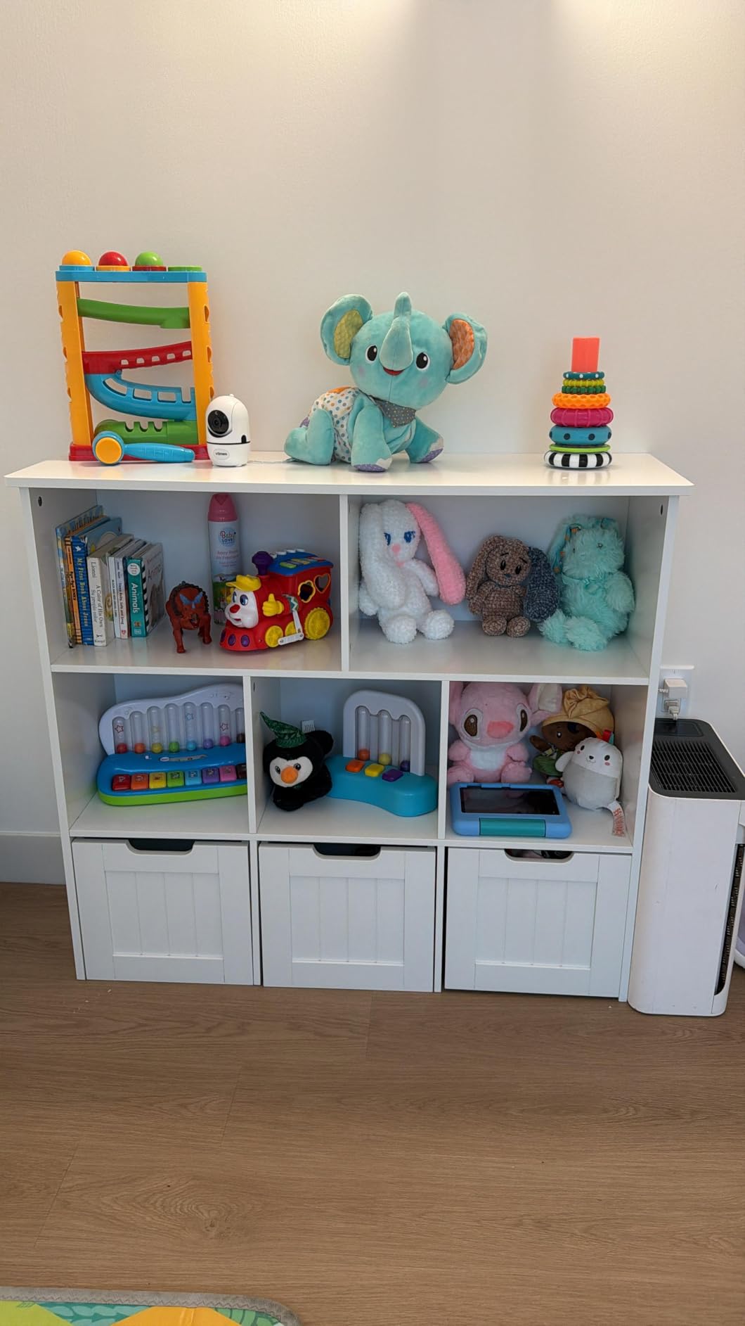 FOTOSOK Toy Storage Organizer with 3 Movable Drawers, Toy Organizer with Hidden Wheels and 5 Open Cubbies, Stuffed Animal Storage Organizer, Multifunctional Toy Chest for Playroom, White customer photo 2