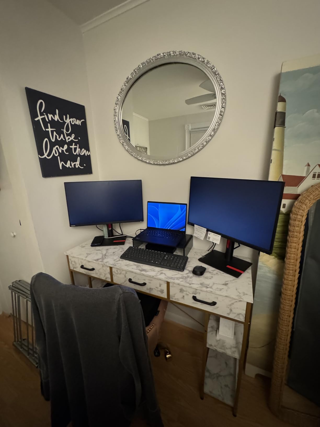 ODK Office Small Computer Desk: Home Table with Fabric Drawers & Storage Shelves, Modern Writing Desk, White, 48