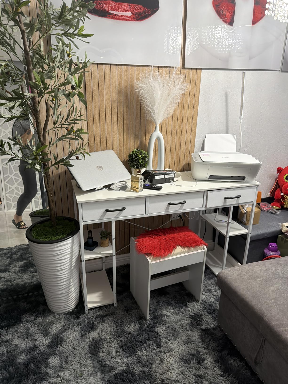 ODK Office Small Computer Desk: Home Table with Fabric Drawers & Storage Shelves, Modern Writing Desk, White, 48