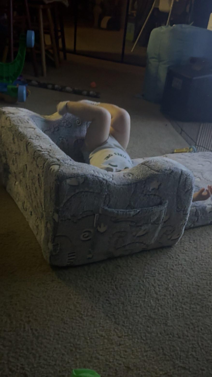 MeMoreCool Glow-in-the-Dark Dinosaur Kids Couch, 2-in-1 Foldable Kids Couch and Sofa Chair for Playroom Nursery, Soft Foam Fold Out Lounger for Boys Ages 1-3, Washable Cover, Gray customer photo 1