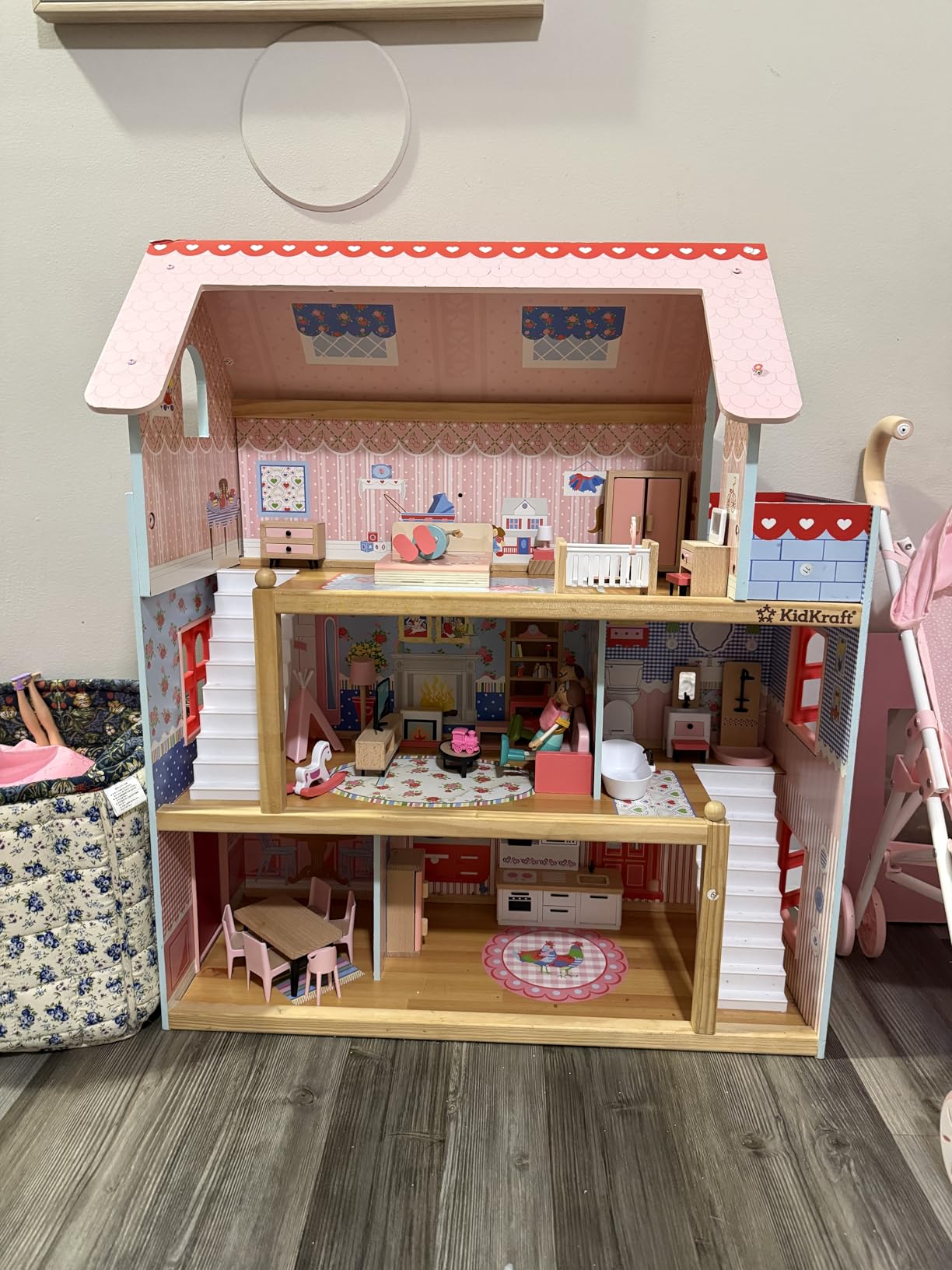Giant bean 36pcs Wooden Dollhouse Furniture Set with Dolls for 5 Rooms, Wood & Plastic Pink Dollhouse Accessories Pretend Play Furniture Toy for Kids Boys Girls Toddler 3+ customer photo 2