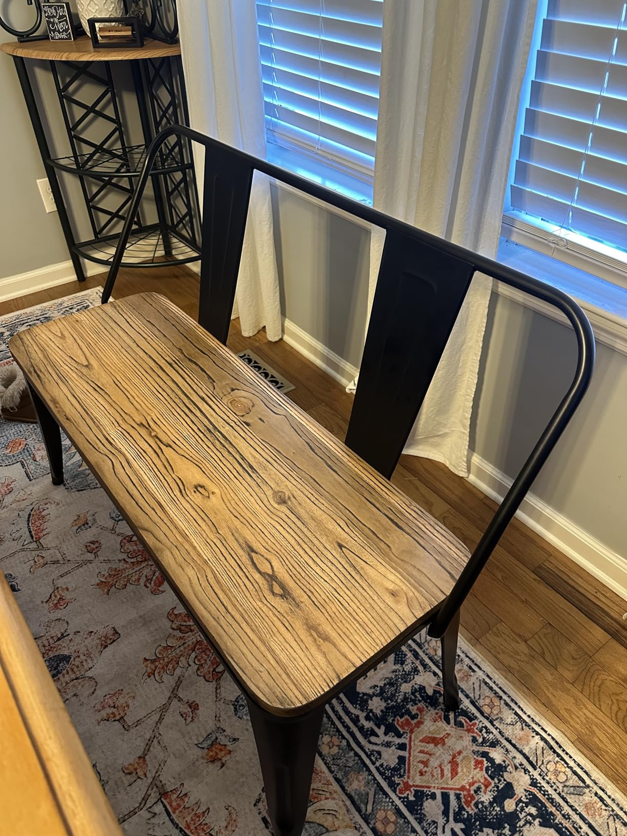 YOLENY Dining Bench, Entryway Bench with Back, Farmhouse Metal Dining Bench, Industrial Mid-Century 3 Person Rustic Spindle Bench, with Wood Seat, Removable Backrest, 42in, White customer photo 2