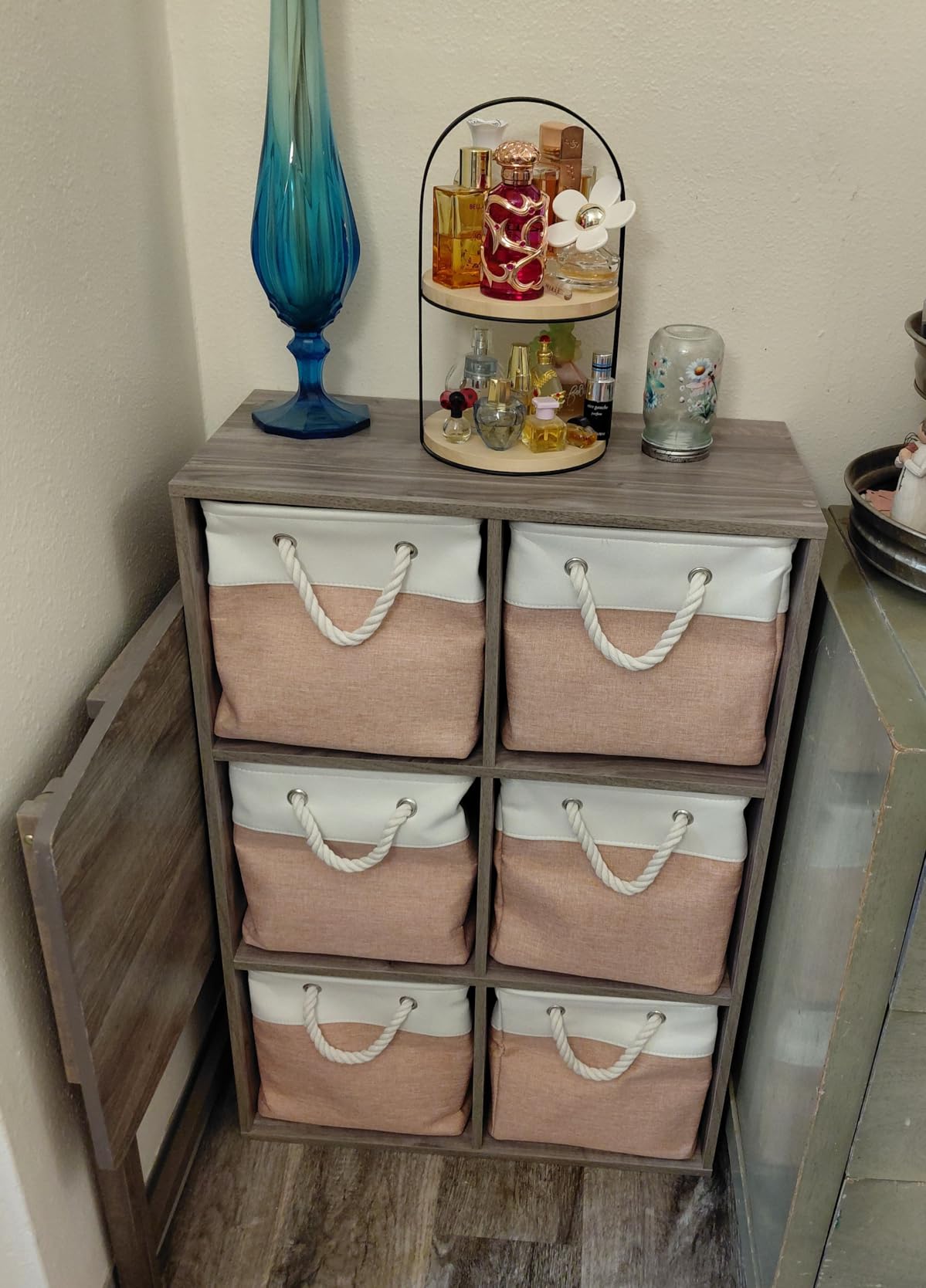 FinishingBo Cube Storage Bins, 6 Pack 11x11 inch with Cotton Handles for Closet, Shelves, Clothes, Towel (White/Pink) customer photo 2
