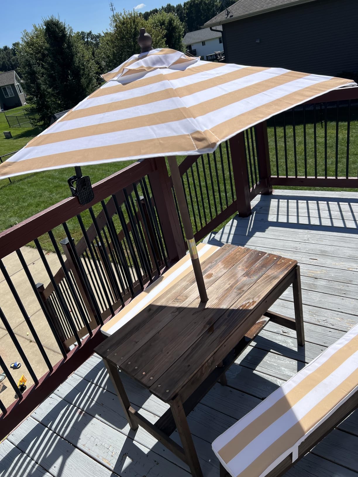 HONEY JOY Kids Picnic Table, Outdoor Wooden Table & Bench Set w/Removable Cushions and Umbrella, Stripe Fabric, Children Backyard Furniture for Patio Garden, Gift for Toddler Boys Girls Age 3+(Coffee) customer photo 2