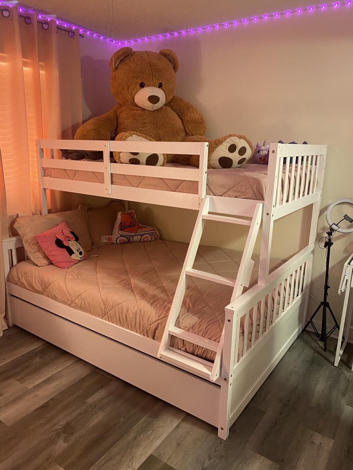 Giantex Twin Over Twin Bunk Bed with Trundle, Convertible Platform Bed Frame with Ladder & Solid Wood Frame, Space-Saving Bunk Bed for Teens & Adults, No Box Spring Needed, White customer photo 1