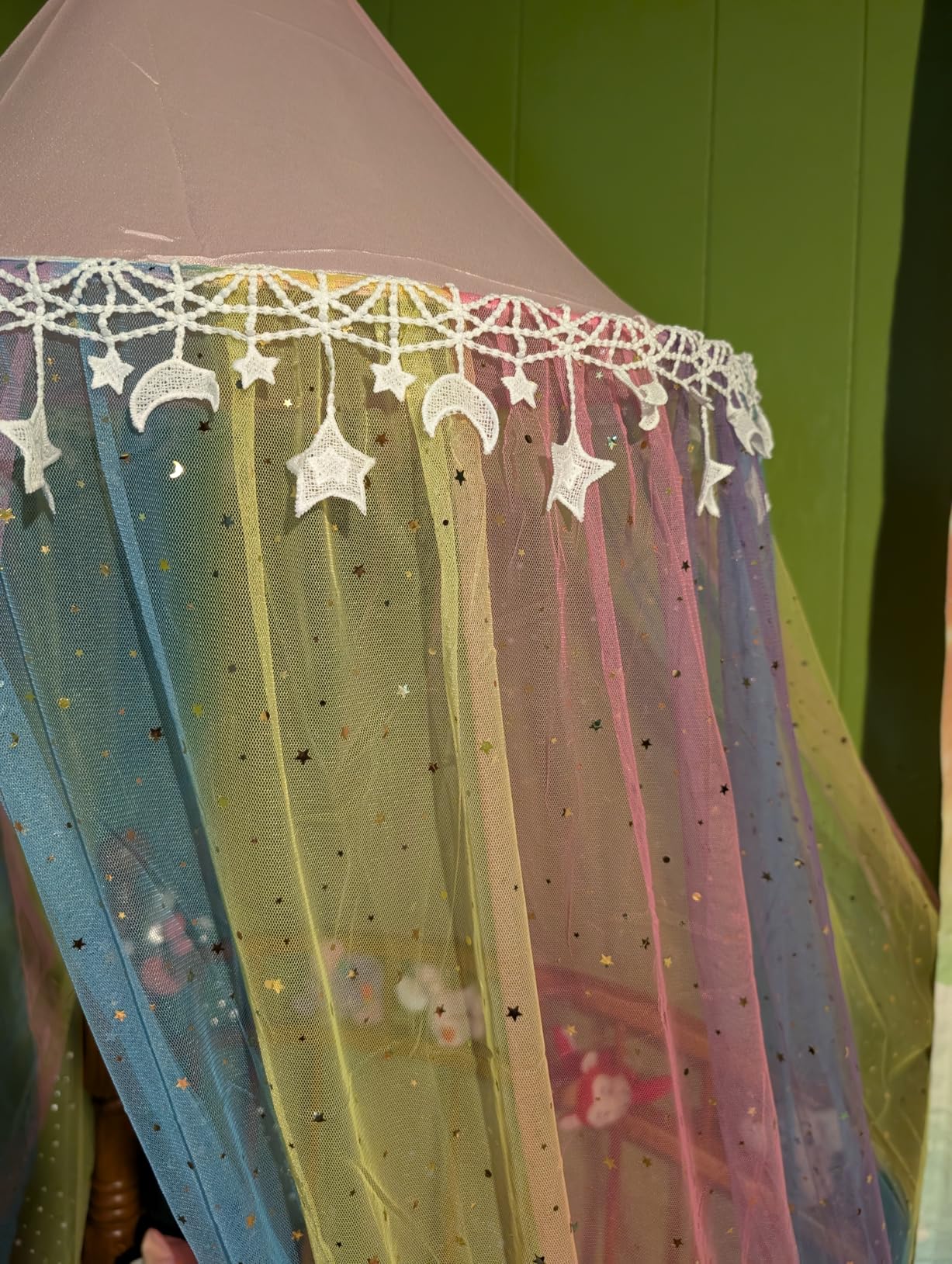 Rainbow Bed Canopy for Girls, Shiny Kids Princess Round Dome Bed Curtain with Star Moon Glitter, Kids Crib Canopy Play Tent Canopy Dreamy Bed Netting customer photo 1