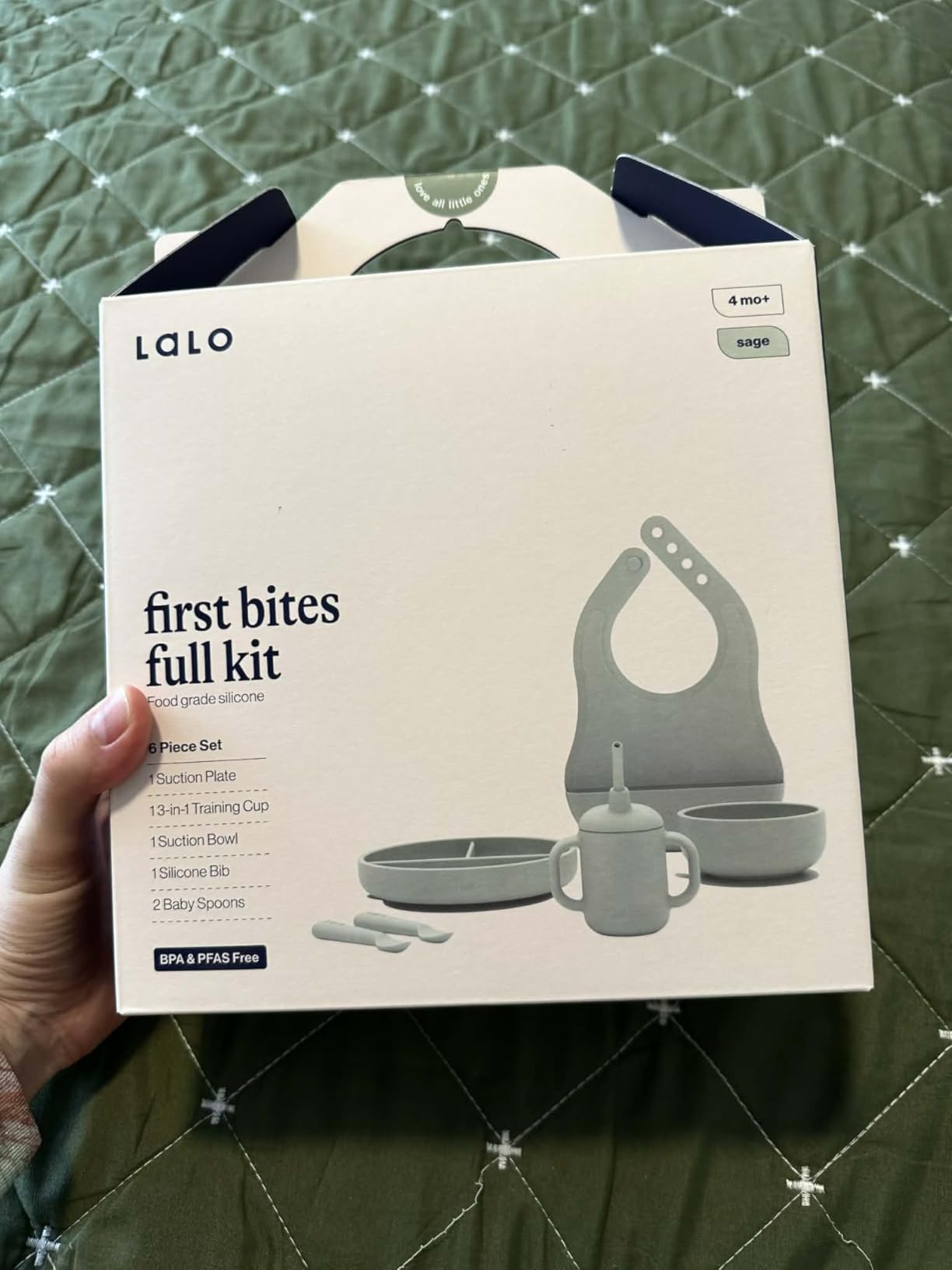 Lalo First Bites Silicone Baby Feeding Set - Baby Led Weaning Supplies - Non-Toxic Silicone - Includes 1 Bib, 2 Spoons, Training Cup, Suction Plate and Bowl - 6 Pieces - Oatmeal customer photo 1